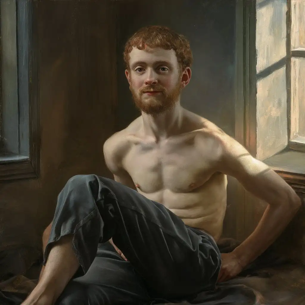 Highly detailed 19th century oil painting, a full-length portrait of a young man. He has short curly dark auburn hair and full beard and a soft downy body. He wears only dark grey trousers to his knees. He has bare shoulders and feet. His face is calm. He stands on a wooden floor in a room lit by a a window at one side. The light is soft, muted colours, fine brushstrokes.  
