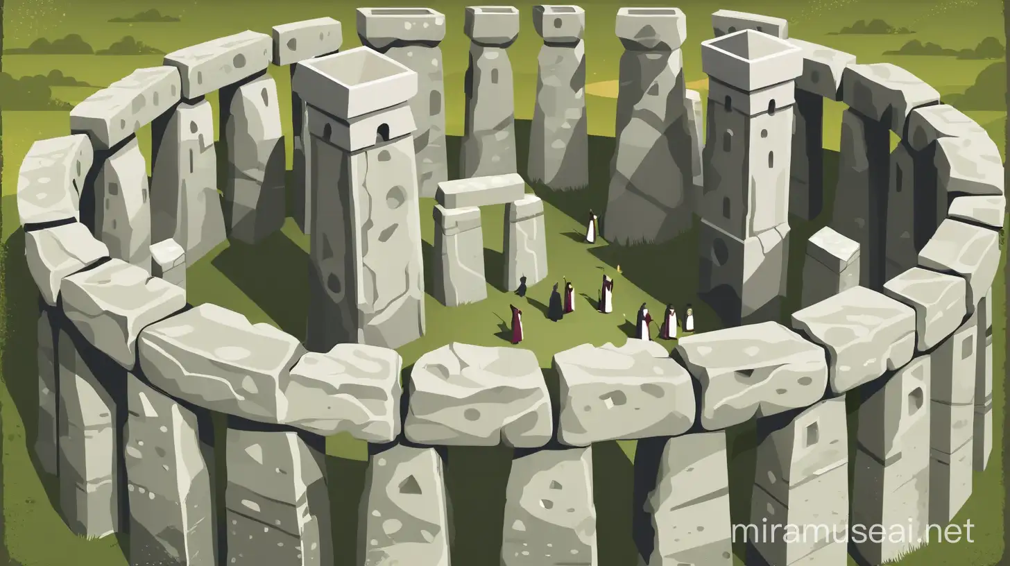Mixed style of flat vector art and travel poster: recreation of ancient Stonehenge with ancient, religious, Celtic ritual.