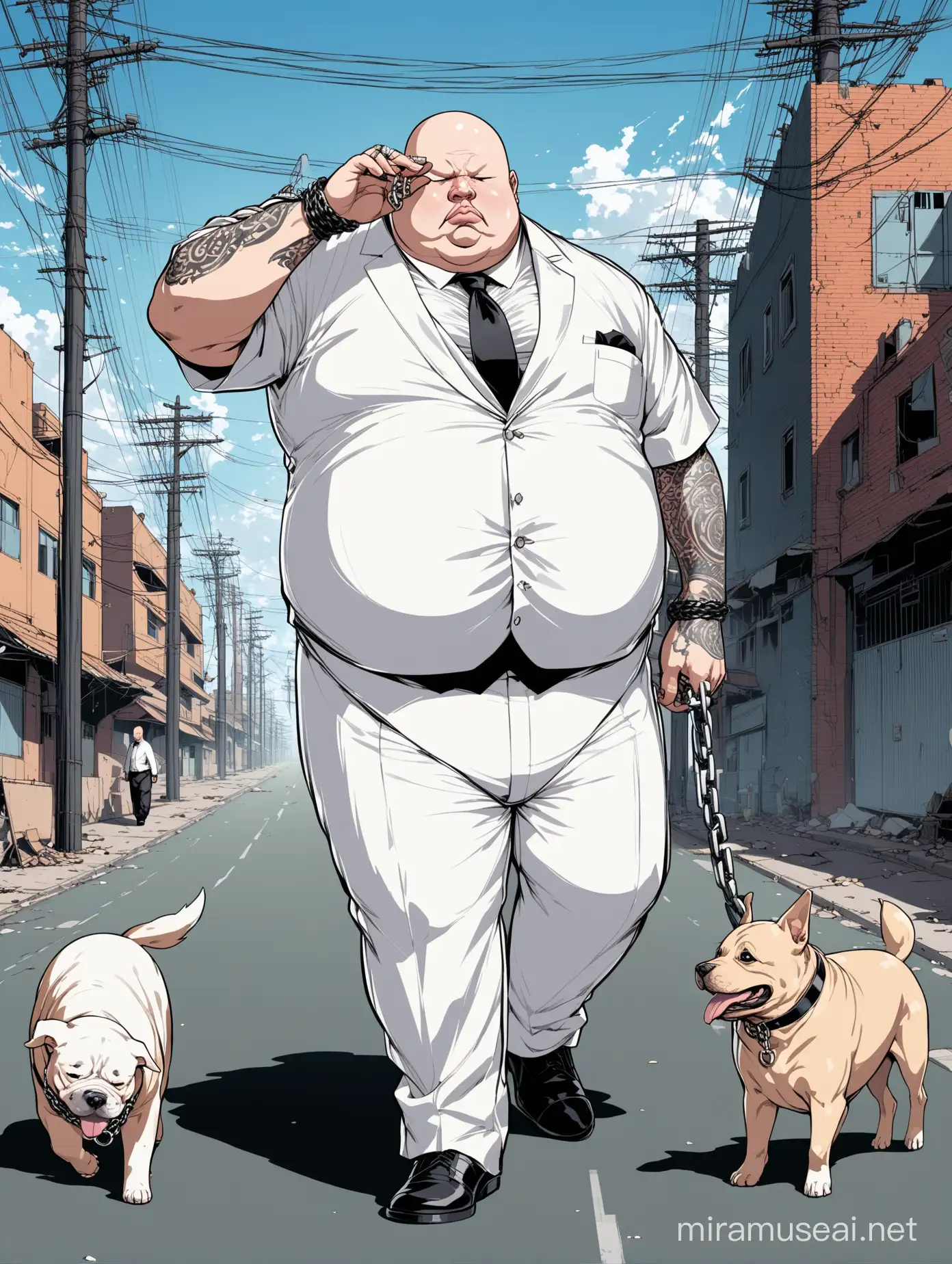 A bald, ugly, obese gang leader, wearing a white shirt, black tie, white suit, white pants, and white shoes, covering his right eye with a black patch, wearing a ring in his hand, holding a dog by a chain attached to it, and walking in the middle of a street, with buildings and electricity poles scattered along the road in the background.