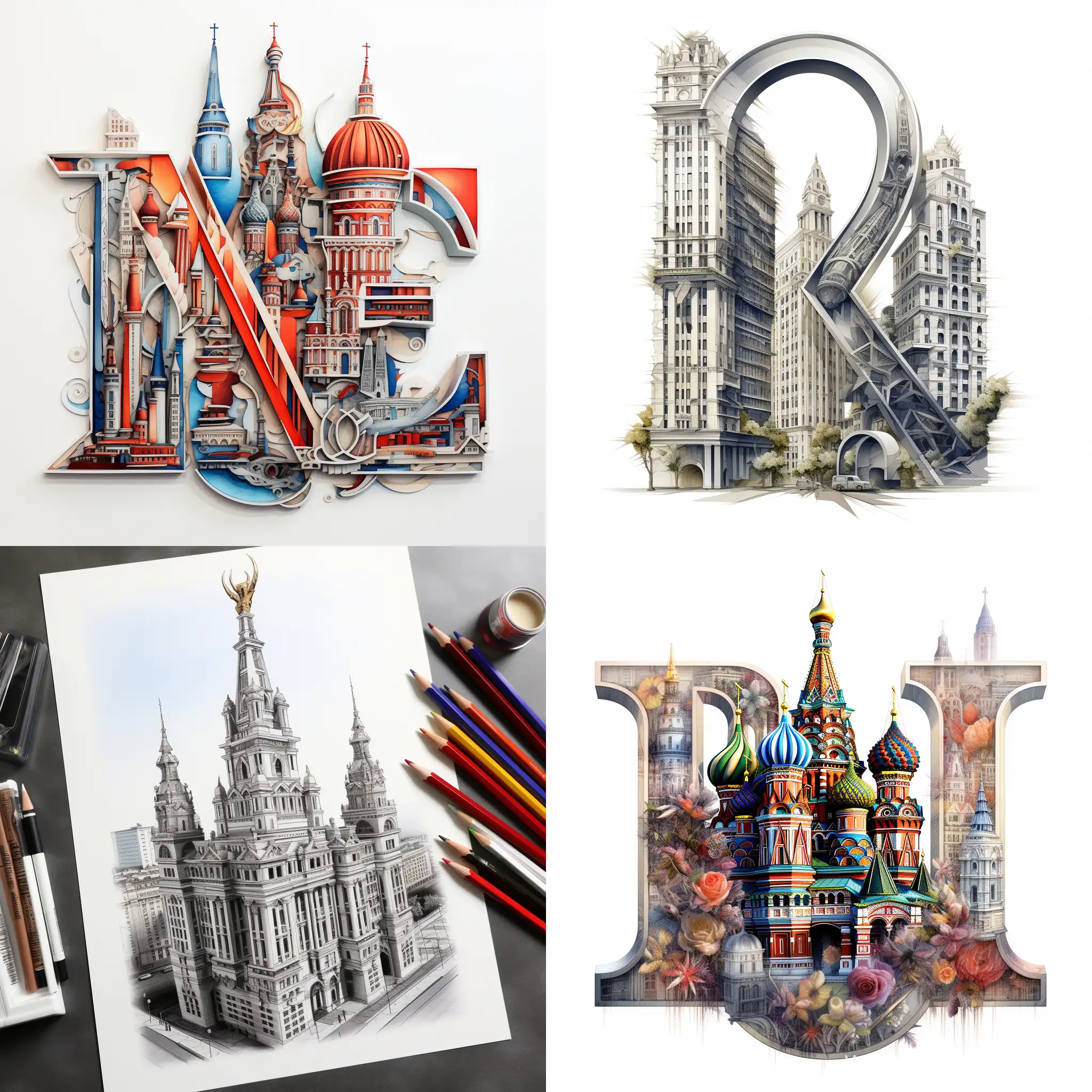 Drawing on a white background, letter У from Moscow buildings, 3D-realistic