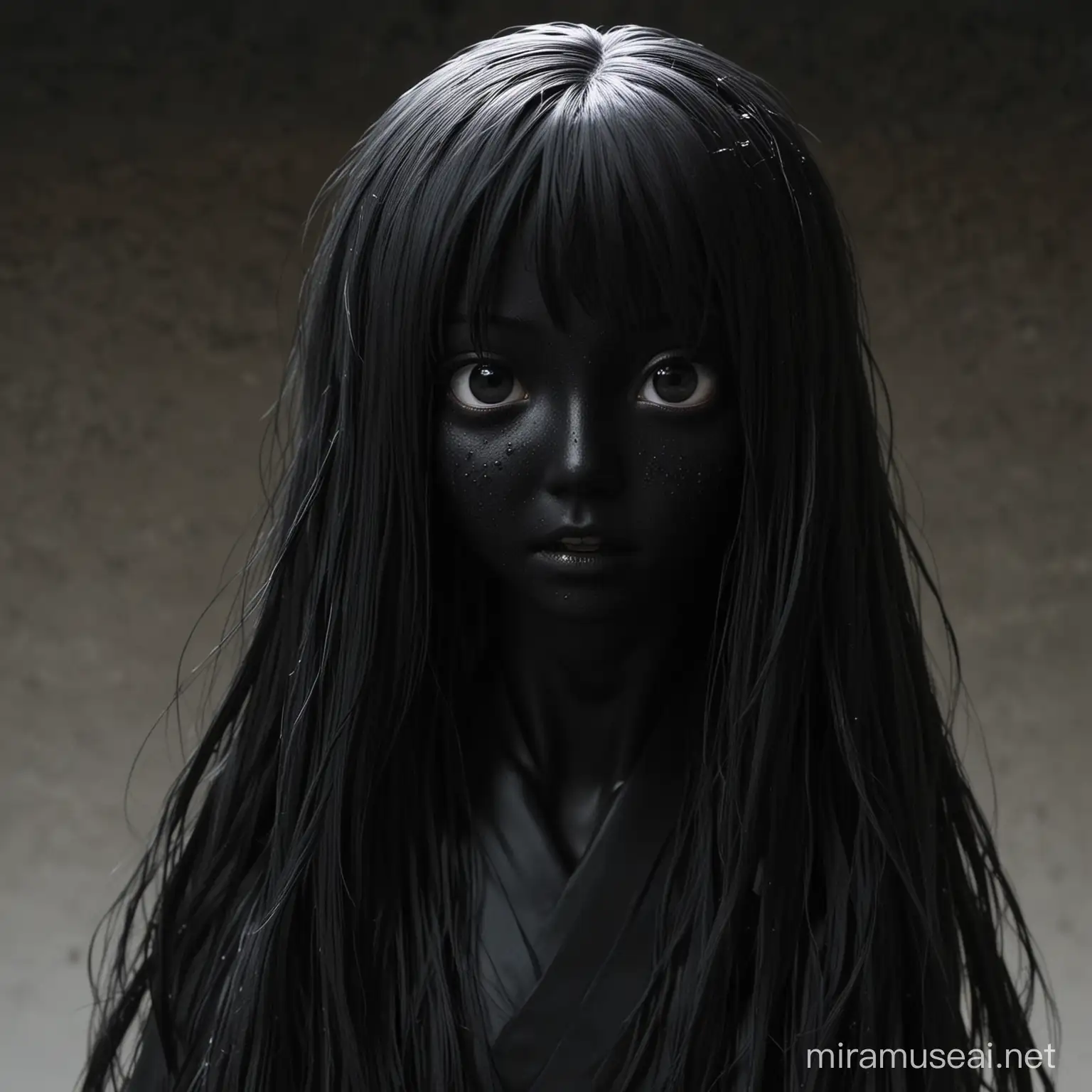 a black sadako, full of black gooey substance. rough skin, sharp eyes almost look like demonic.