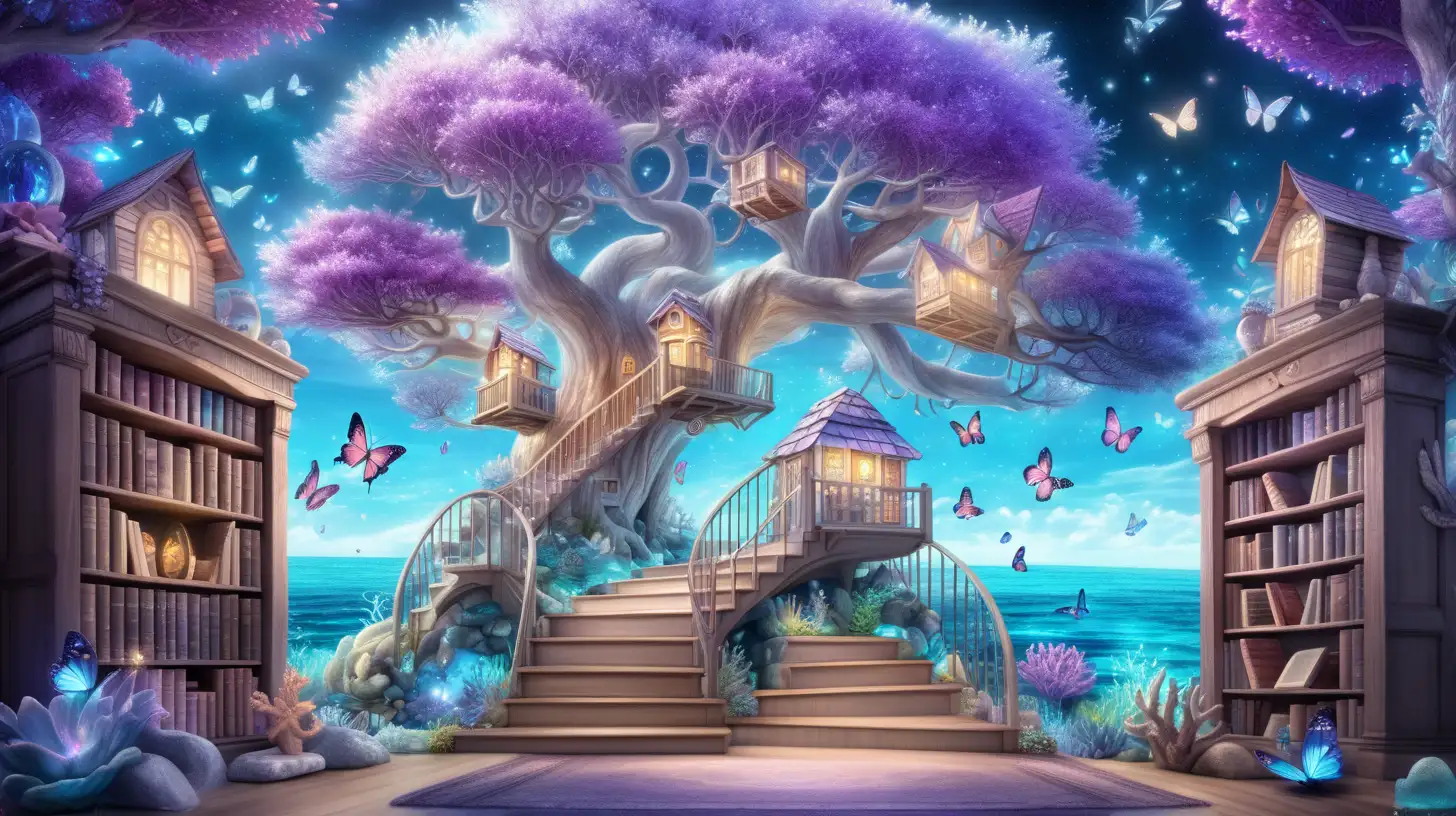 magical forest surrounding  an ocean and sky and clouds and glowing books of white, blue, and purple with gemstone tree houses that have doors and windows in them and gemstone flowers and glowing, glimmers  ifantastical glowing trees and books next to a bookshelf wall with corals and butterflies