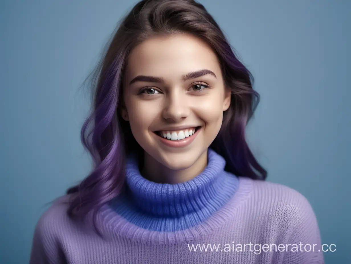 девушка 25 лет в свитере естественно счастливо улыбается, фото для обложки для рекламы акций стоматологии, реалистичное фото на нейтральном фоне в голубых, фиолетовых и серых тонах, 4k
