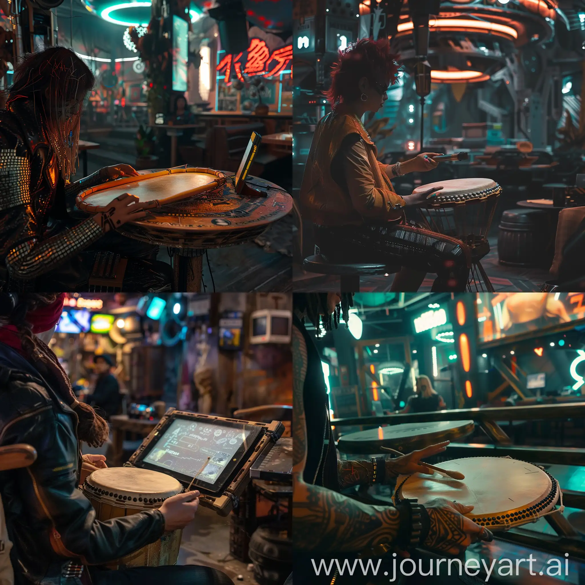 a person playing frame drum in a cyberpunk cafe