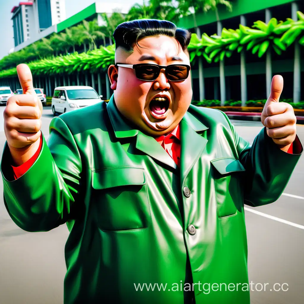 Fat Indonesian man looks like Kim Jong Un wearing a green Gojek driver's jacket his mouth open wide two thumbs up sun glass 
