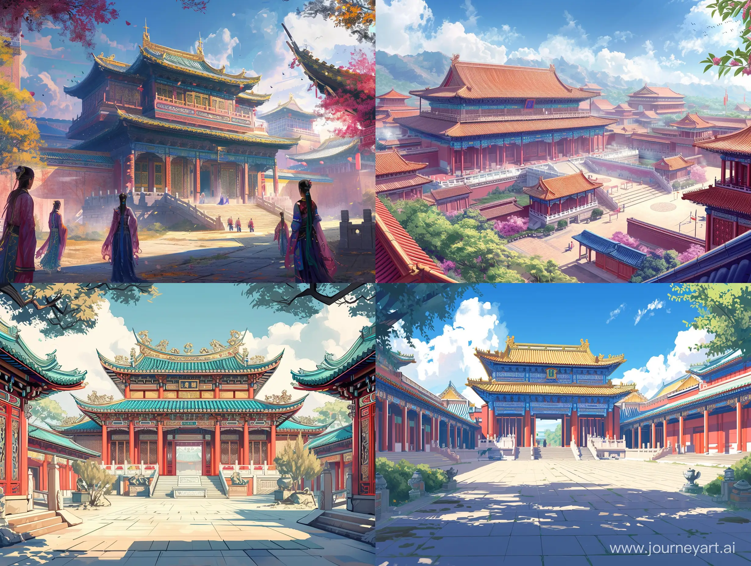 气势磅礴宫殿，汉朝风格，彩色中国风，水墨画风格，二次元漫画，高清，高级感，大师之作，古代，东方美学。