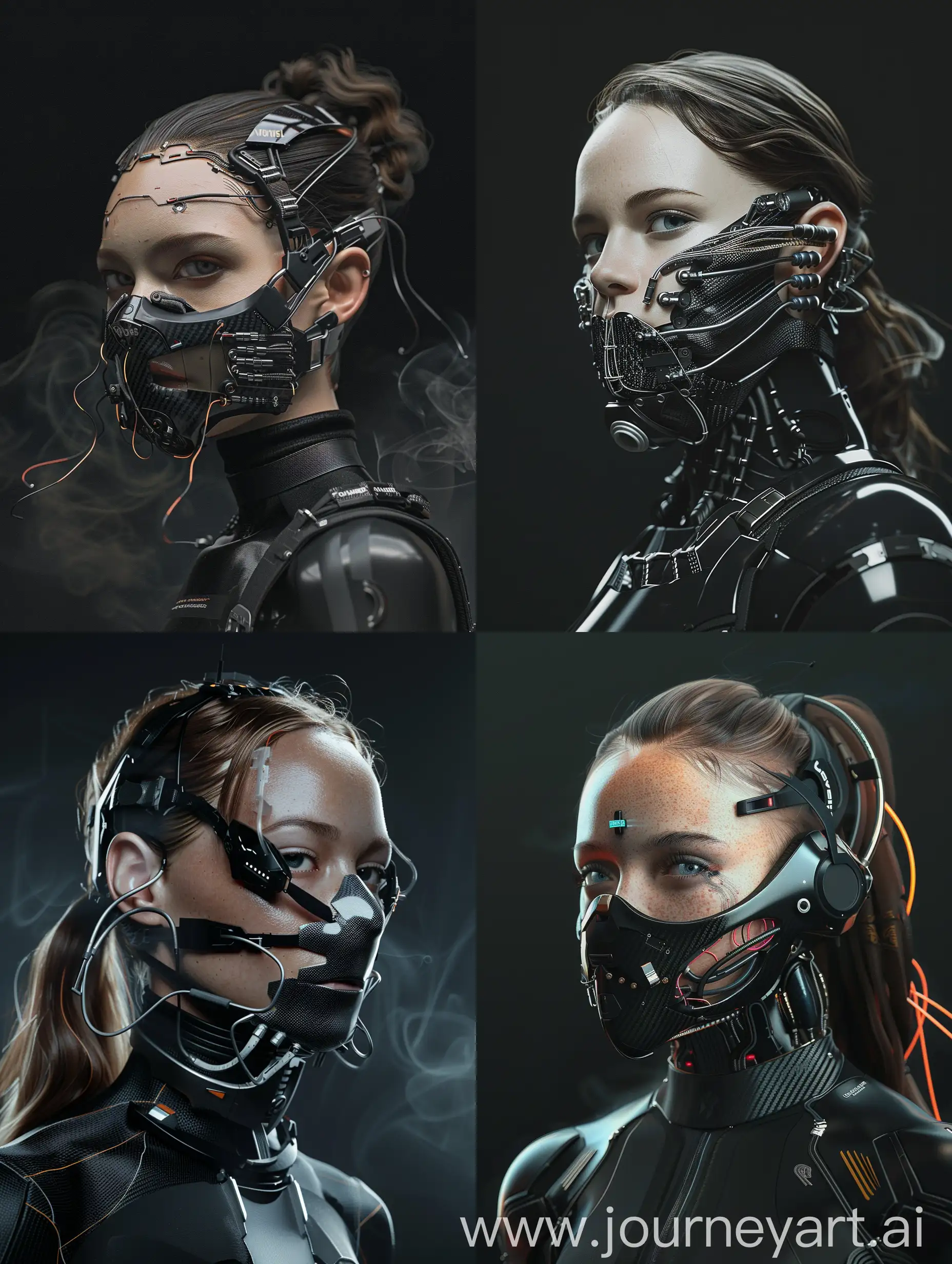 Against a sleek black backdrop, witness the captivating presence of a Beautiful characther adorned with a cybernetic mouth-covering mask. It seamlessly merges cutting-edge technology with intricate details, showcasing carbon fiber textures, sleek aluminum accents, and pulsating wires. Symbolizing the delicate equilibrium between humanity and machine, her appearance embodies the essence of a futuristic cyberpunk aesthetic, further accentuated by Oakley-inspired add-ons. With dynamic movements reminiscent of action-packed film sequences, accompanied by cinematic haze and an electric energy, she exudes an irresistible allure that commands attention