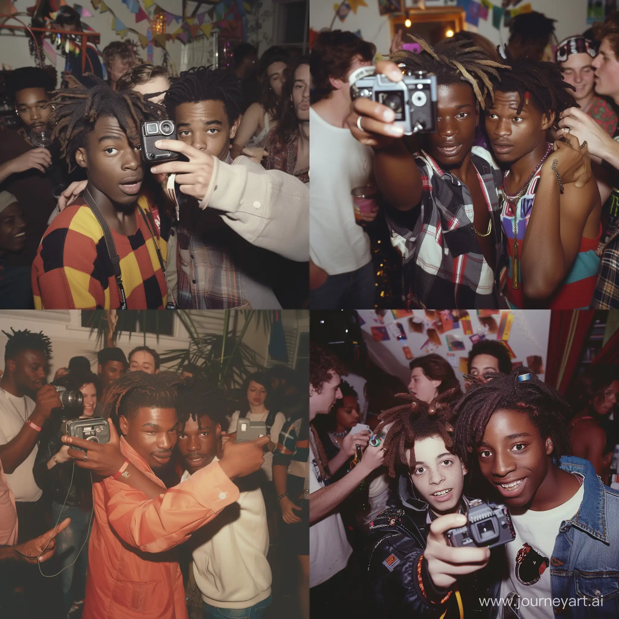 A black boy with dread (in the 90s) taking selfie with his white boyfriend with a small camera, during a house party, with other people having fun.