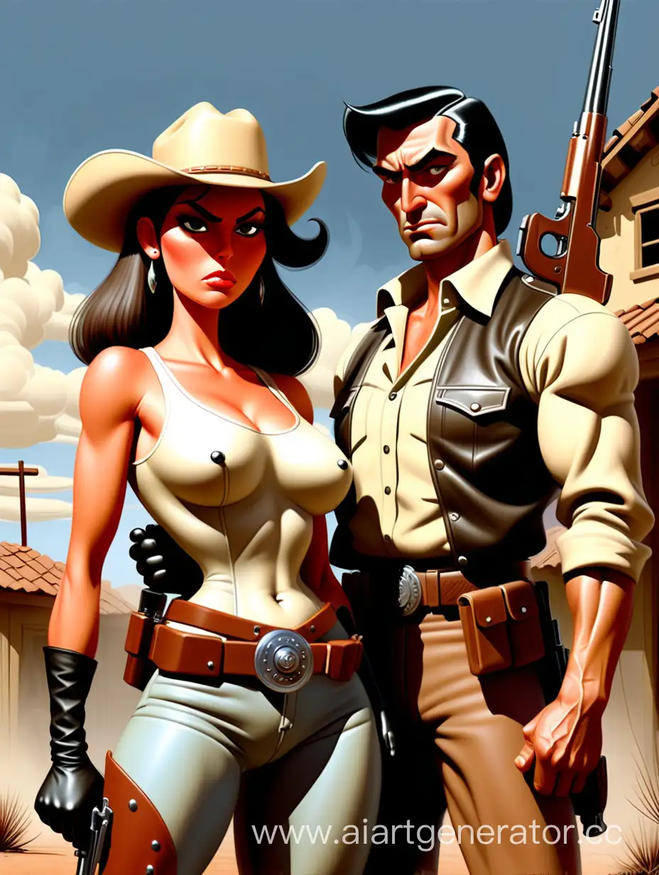 a painting depicting a woman, a man standing next to her with a carbine, western comic art, western comic art, Dorian Klivenger, Boris Vallejo and Ilya Kuvshinov, Mexican vaquero, western comic, western comic style, Esteban Maroto, inspired western comic, Kent Monkman, Western comic style, Nico Robin