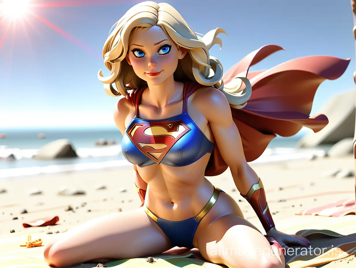 Supergirl wearing a bikini and sunbathing on a beach.