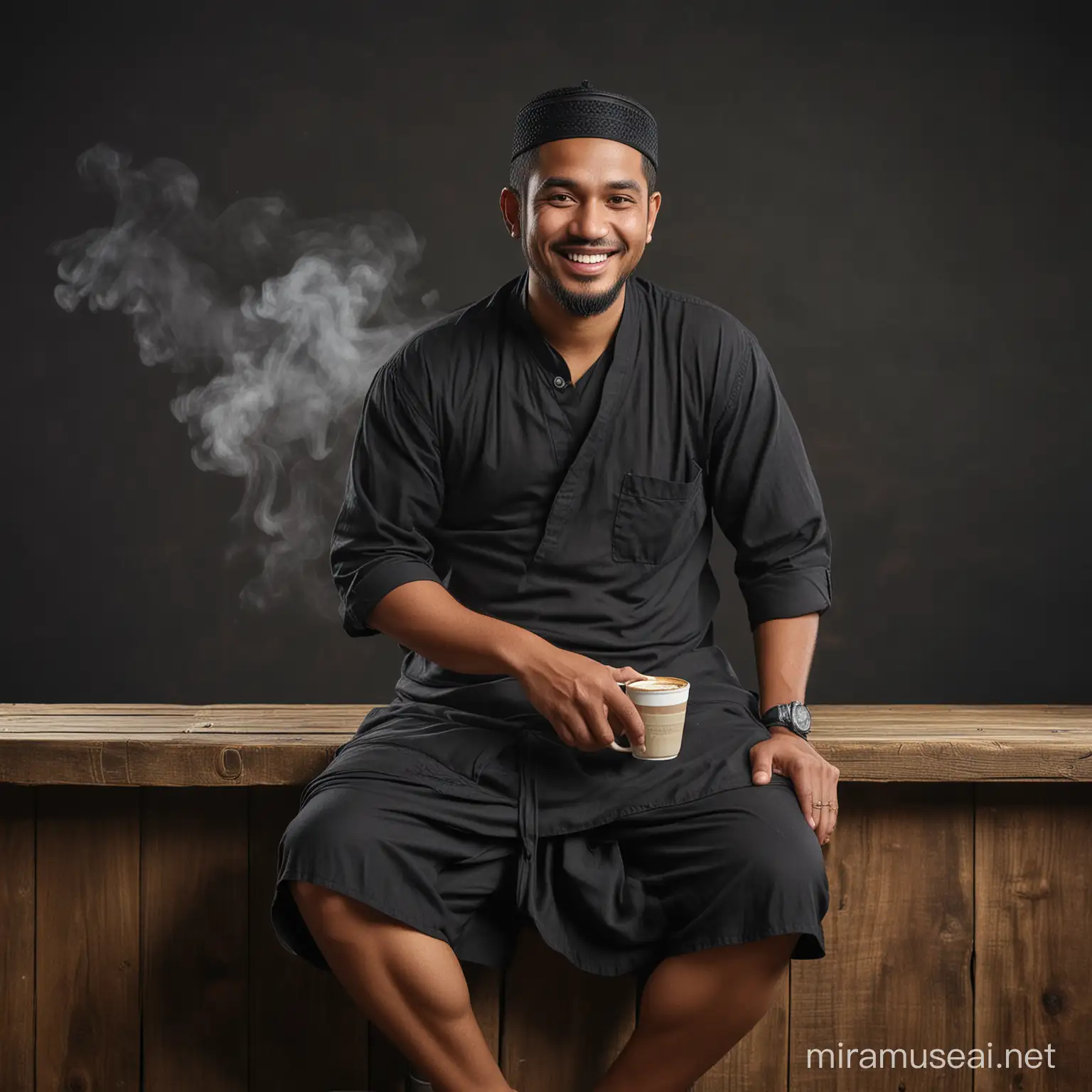 Smiling Muslim Man Enjoying Coffee in Rustic Setting