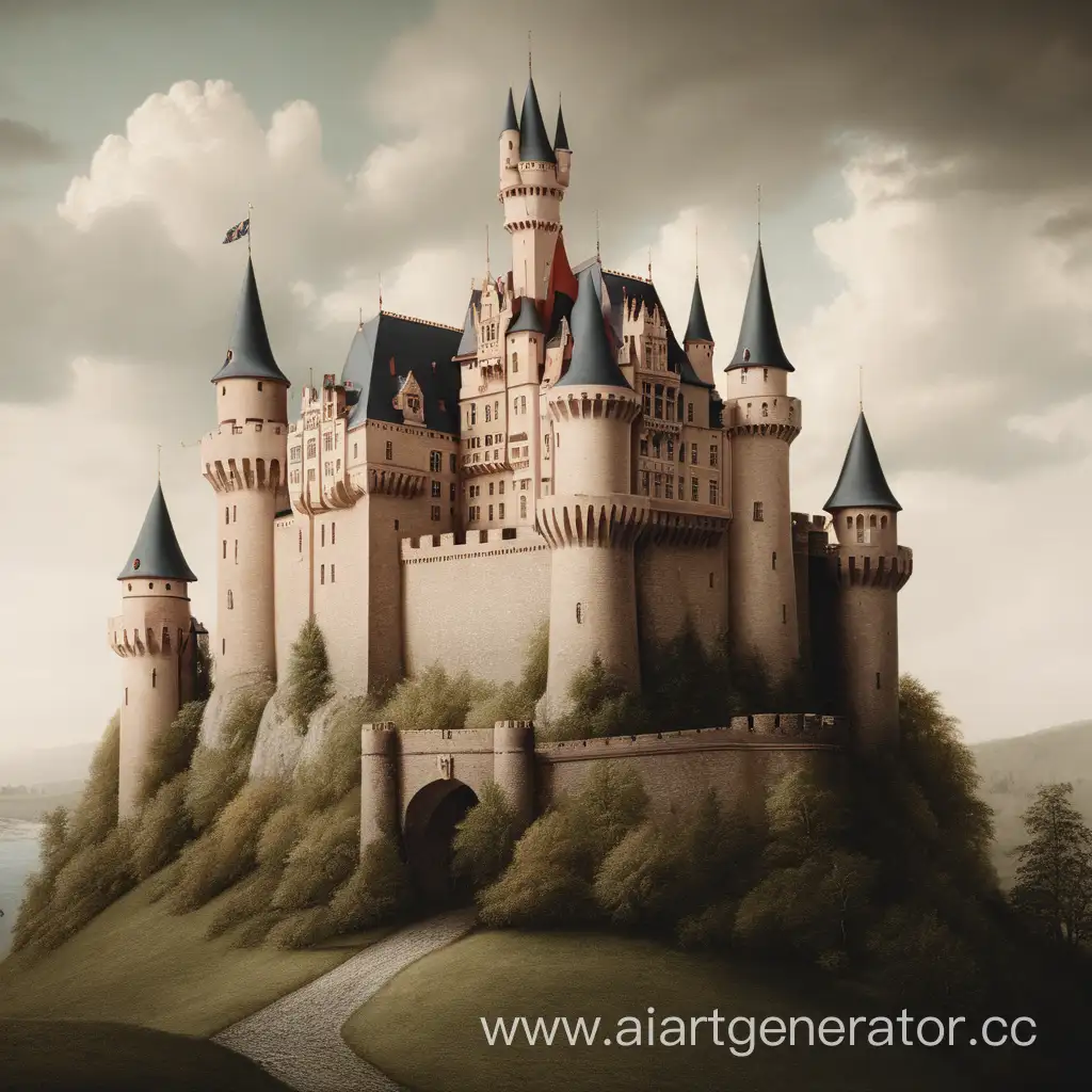 Enchanting-Castle-Illustration-with-Mystical-Towers-and-Serene-Landscape