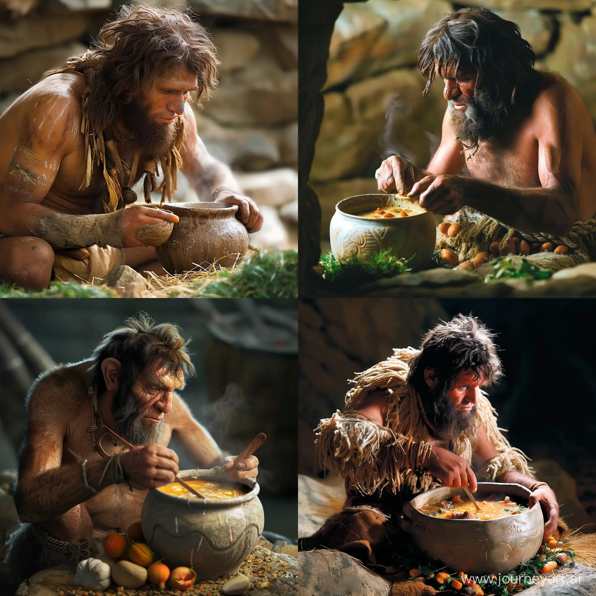 пещерный древний человек готовит суп в керамическом горшке