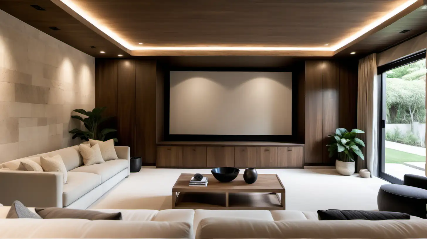 a large estate home in organic minimalist modern japandi style home theatre room; walnut wood, limewash walls, limestone