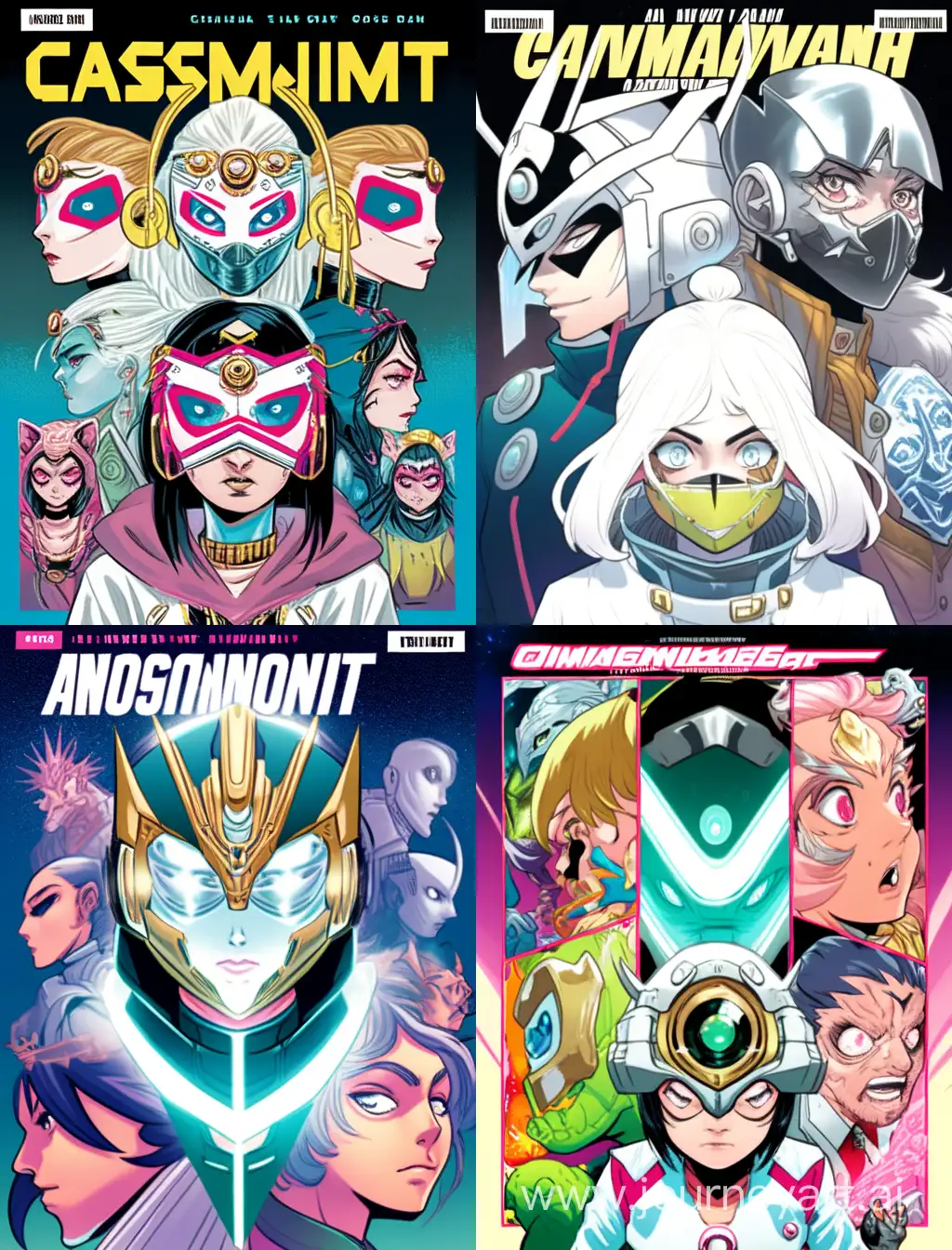 Cover of comics book against white void in the style of dreamy atompunk, cosmopunk, fantastic cosmo-style portraits, sci fi asasin silver eyesles mask, glow eyes, humanization, in science coat, gold mask, portrait sheet