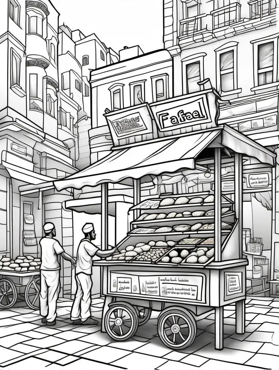 Create a black and white coloring page, black outlines, no color, no shading and no grayscale of a lebanese falavel vendor with fresh ingredients



