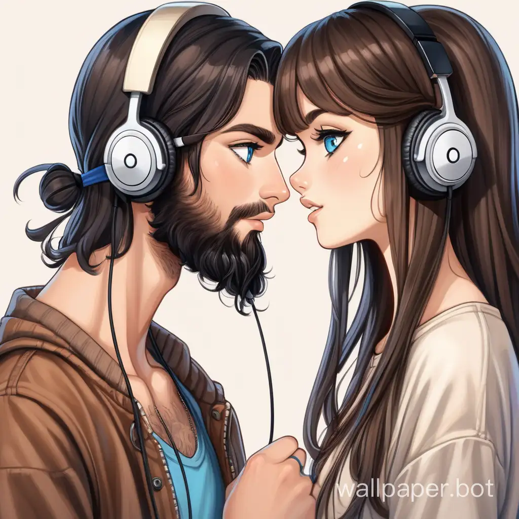 a chubby face cute 24 year old hippie girl blue eyes long brown hair with bangs kissing a 24 year old handsome male with black hair in a manbun and a scruffy black colored beard with his hazel eyes and blushing cheeks while having headphones on