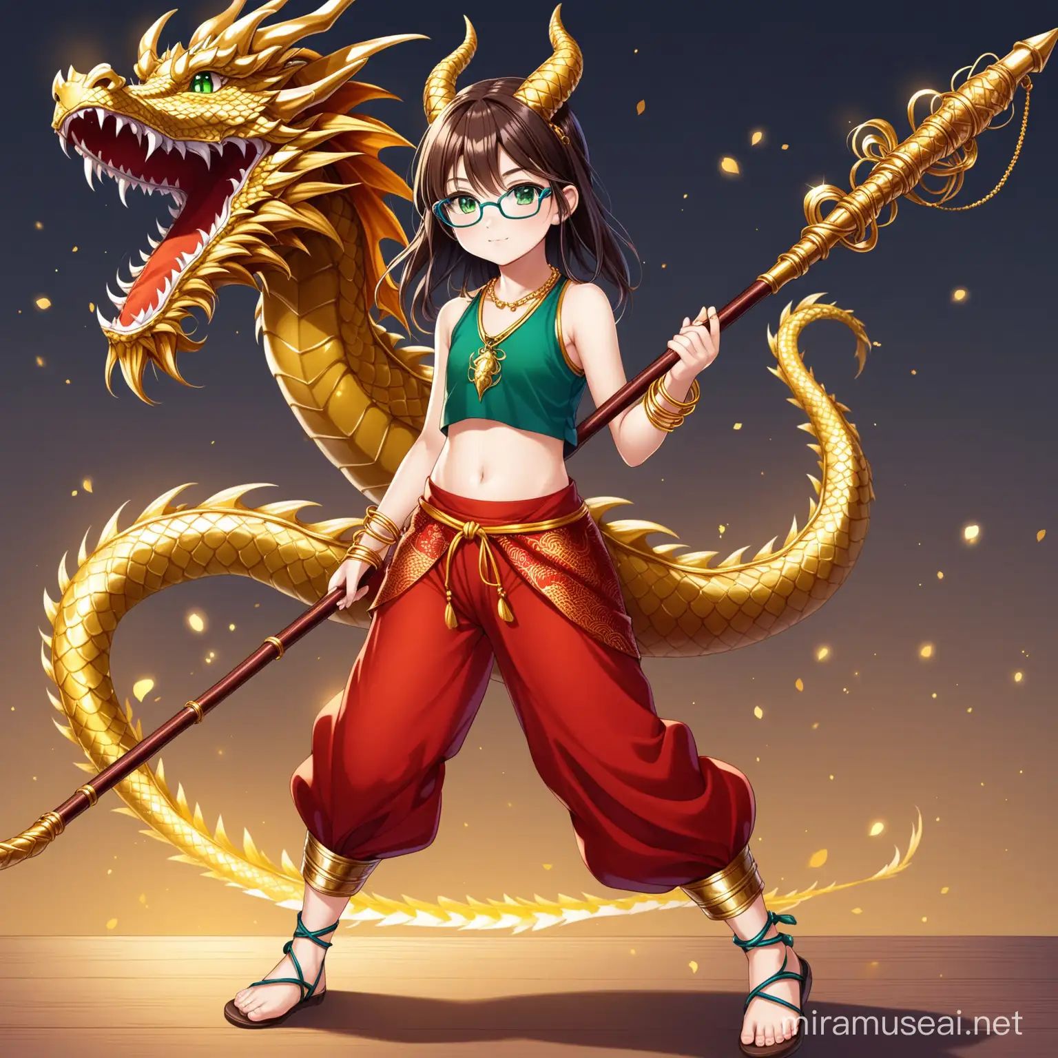 Young Girl with Dragon Accessories and Wooden Staff