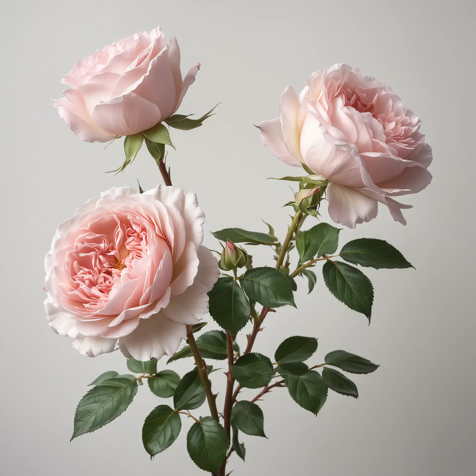 Very realistic, a trio of david Austin roses, appearing from out the left corner of the image, pale creamy dusty pink, moody, open petals, no foliage visible, on a solid white background