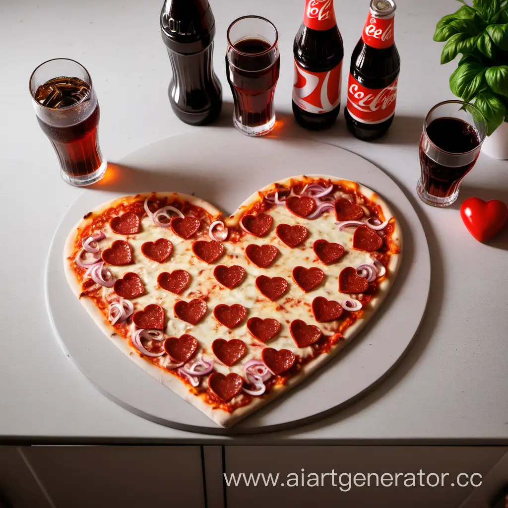 Пицца в форме сердца на кухне с колой
