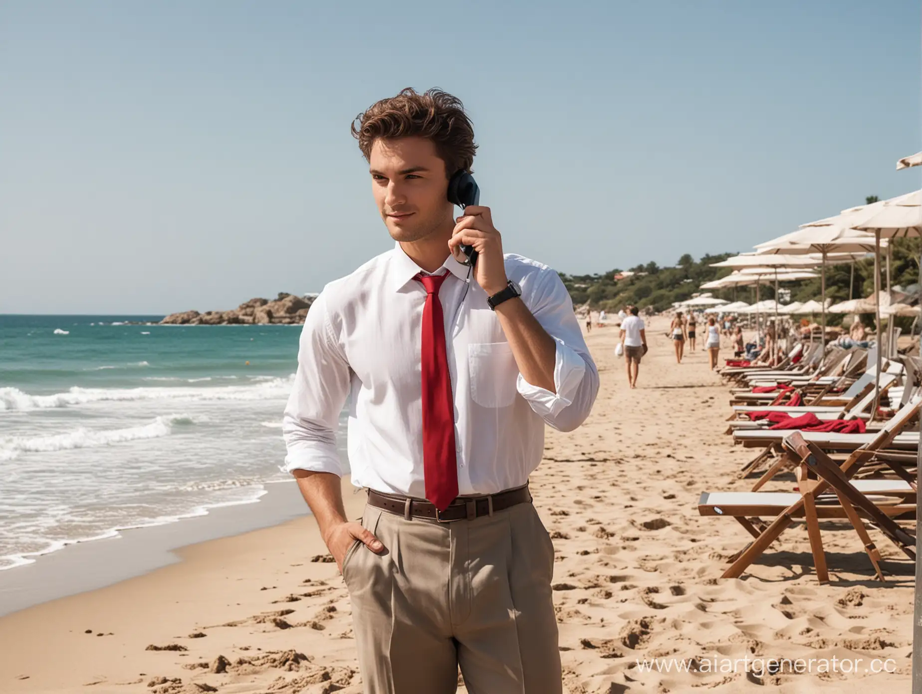 мужчина расположен с левой стороны изображения, в руках у него телефонная трубка, одет в белую рубашку с красным галстуком, серые брюки с коричневым ремнем, на заднем фоне пляж с лежаками, мимо него проходит красивая девушка в купальнике