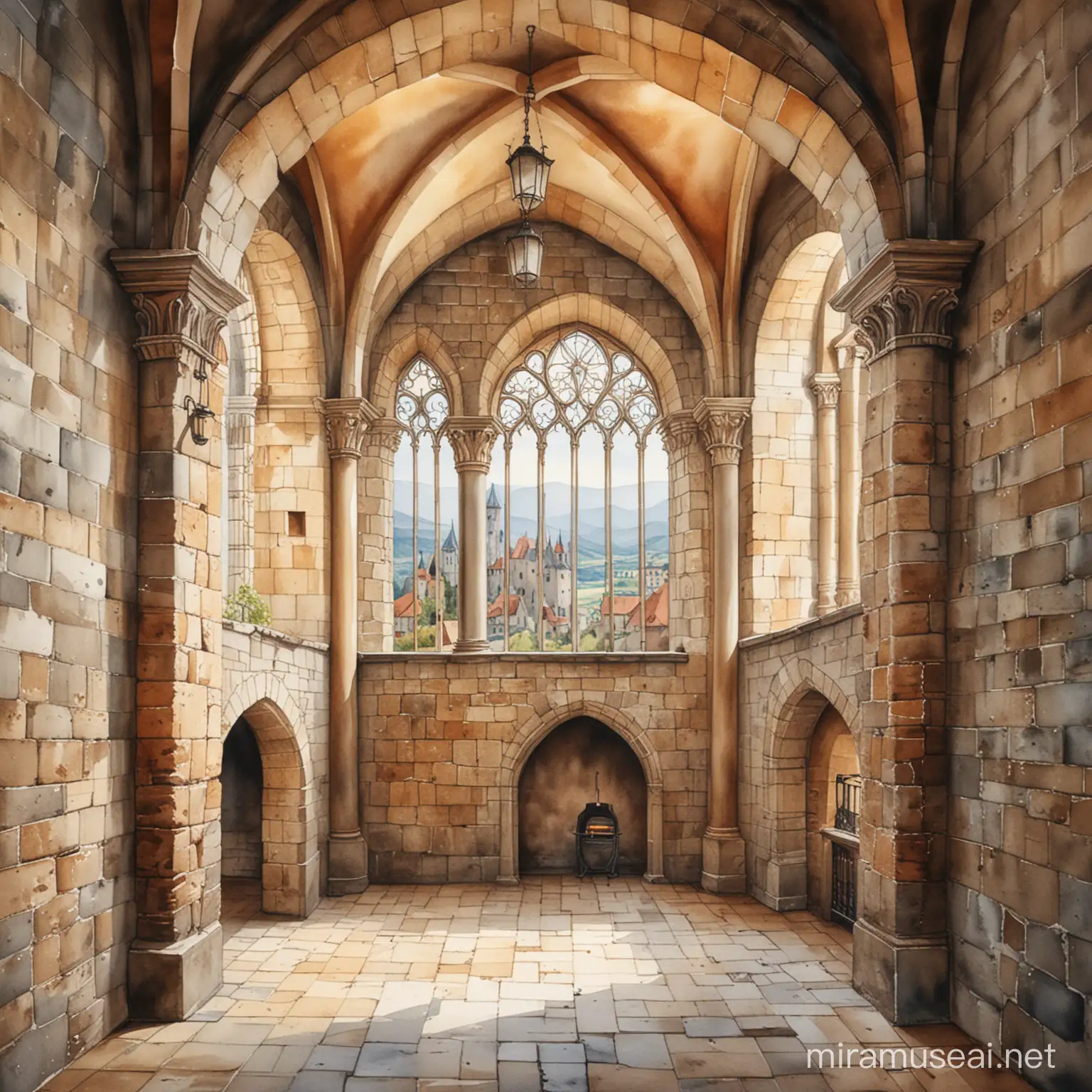 Watercolor Illustration of Medieval Castle Interior with Intricate Details