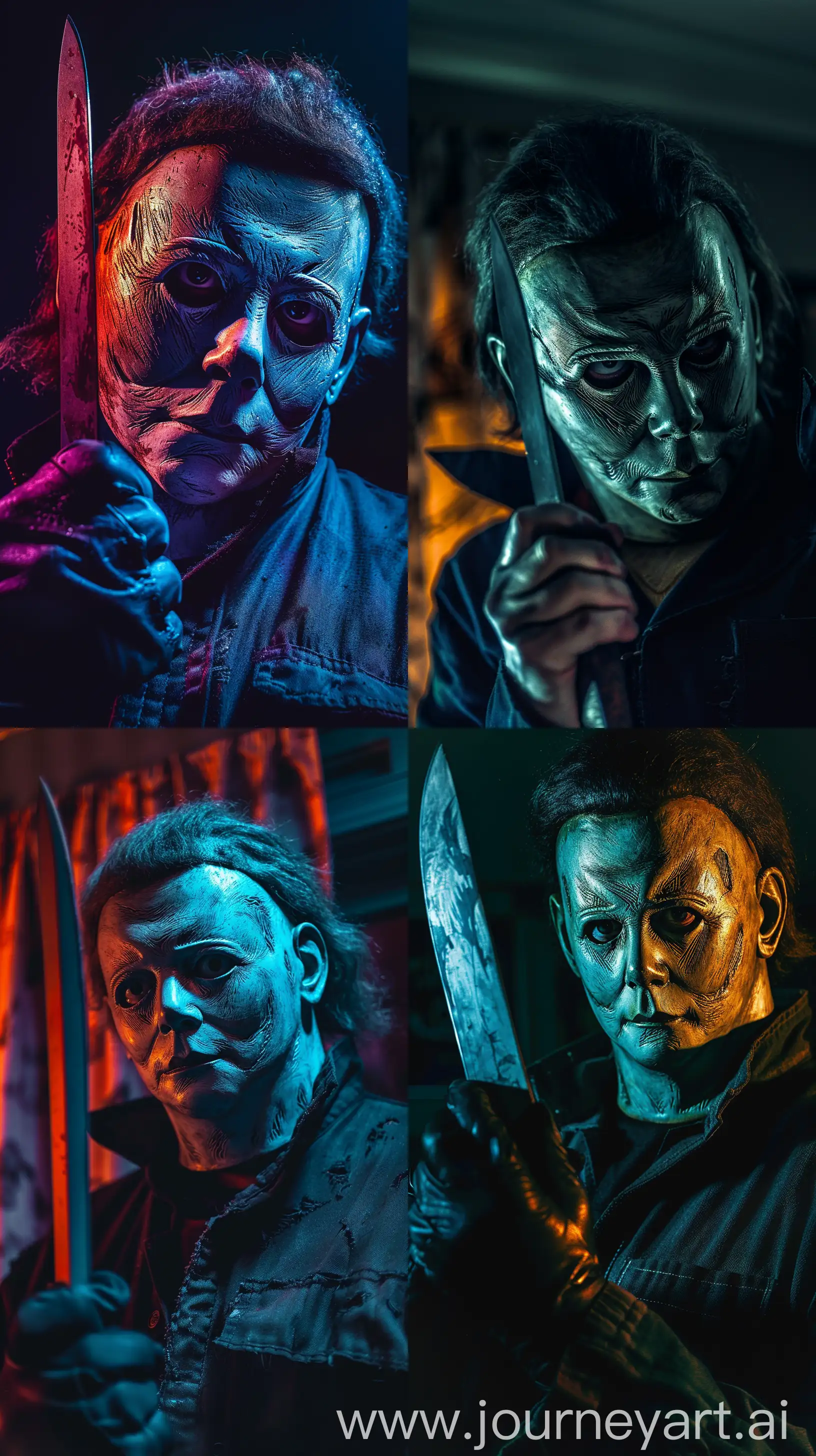 /imagine prompt: Michael Myers at dark room, he has his knife in his hand, 80's style, colored, Candid Photography, Dramatic Lighting, Sony Alpha 7R IV, Close-Up shot, Nikon AF-S 70-200mm --ar 9:16