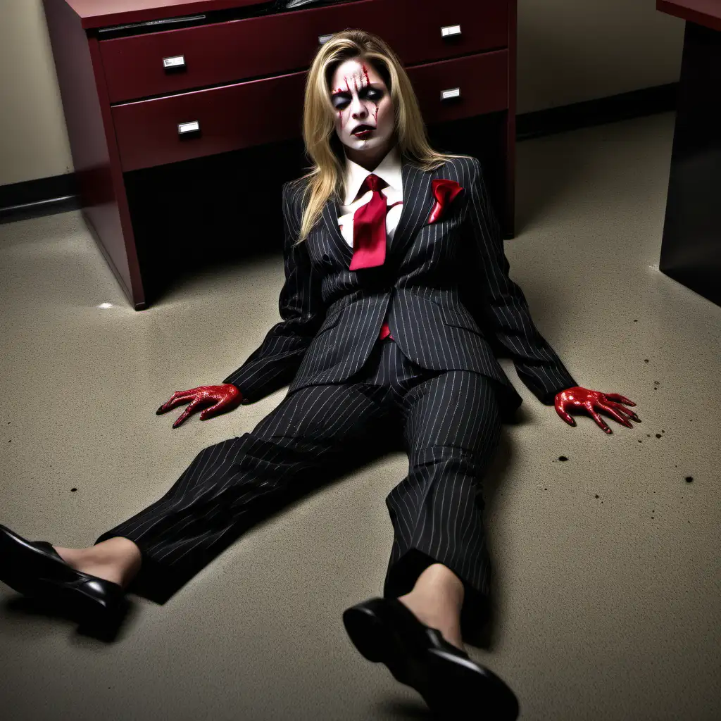 dead pretty woman in pin-striped business suit killed murdered in office crime scene victim body