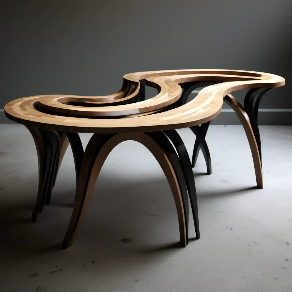 Curved Wood Coffee Table with Chaotic Design and Bent Legs