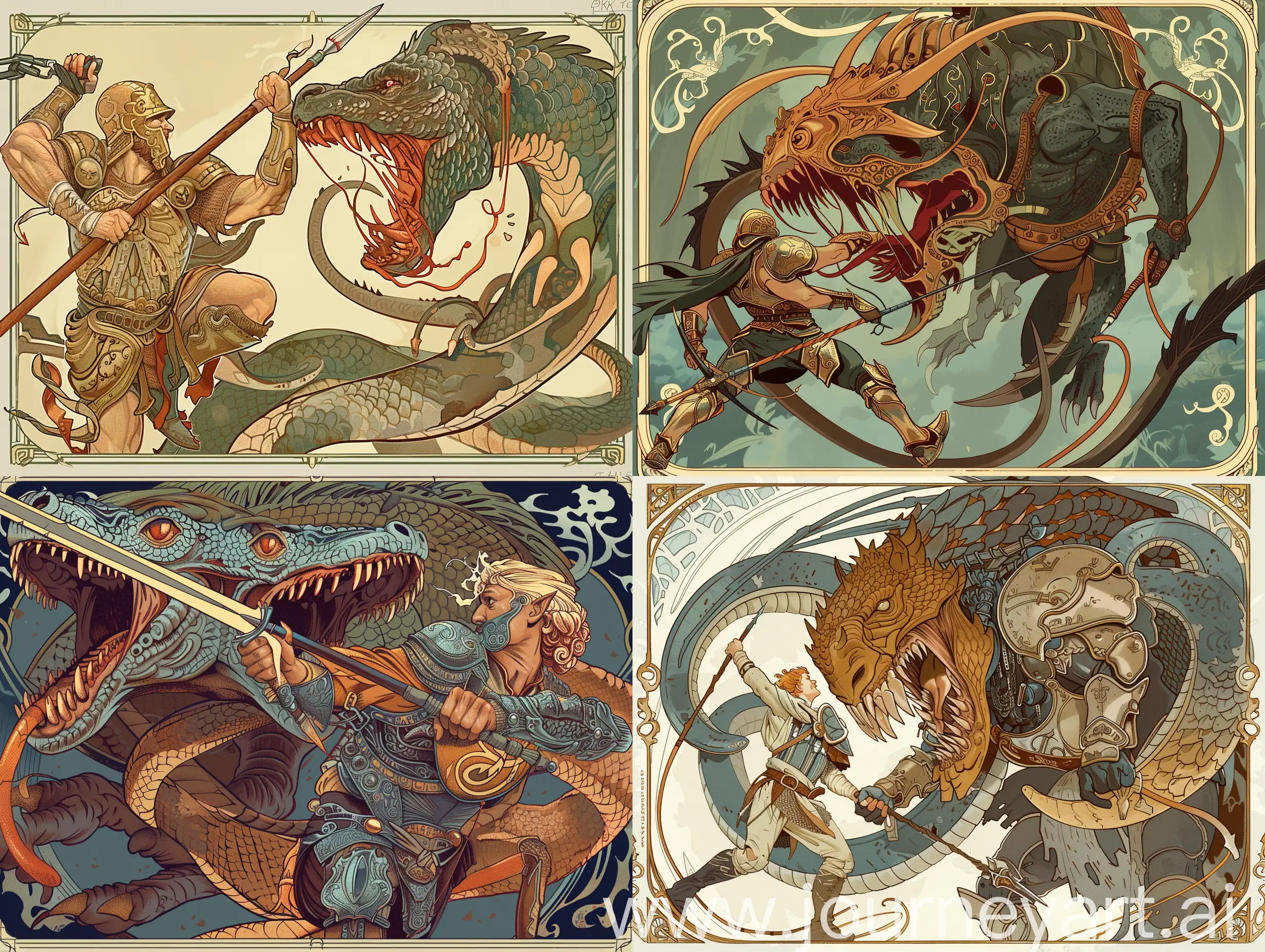 Epic-Battle-Art-Nouveau-Warrior-Confronts-Terrifying-TwoHeaded-Monster