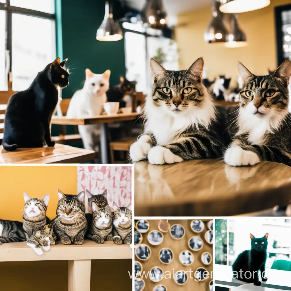 Photo collage with cats at a cat café