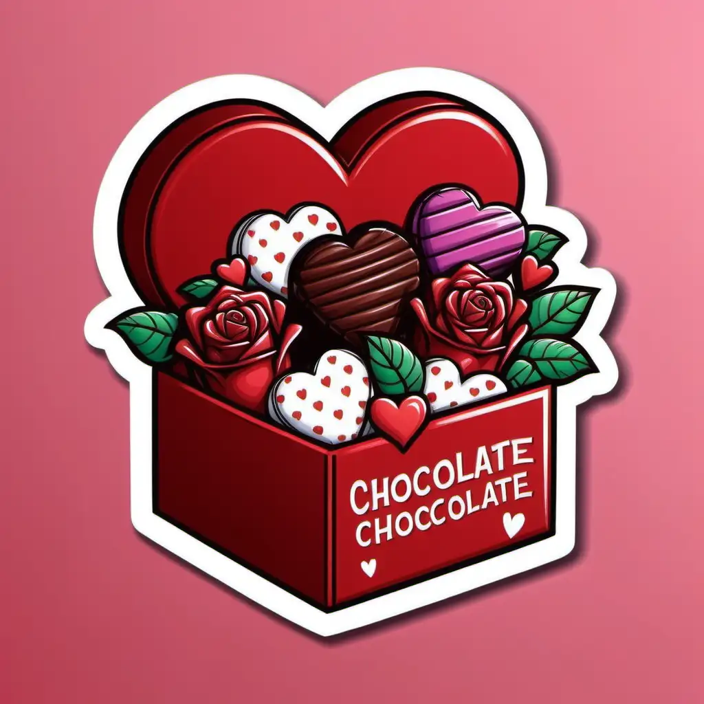 VALENTINE, RED  BOX   OF CHOCOLATE HEARTS, CANDY,AND ROSES,WHITE CARTOON STICKER 