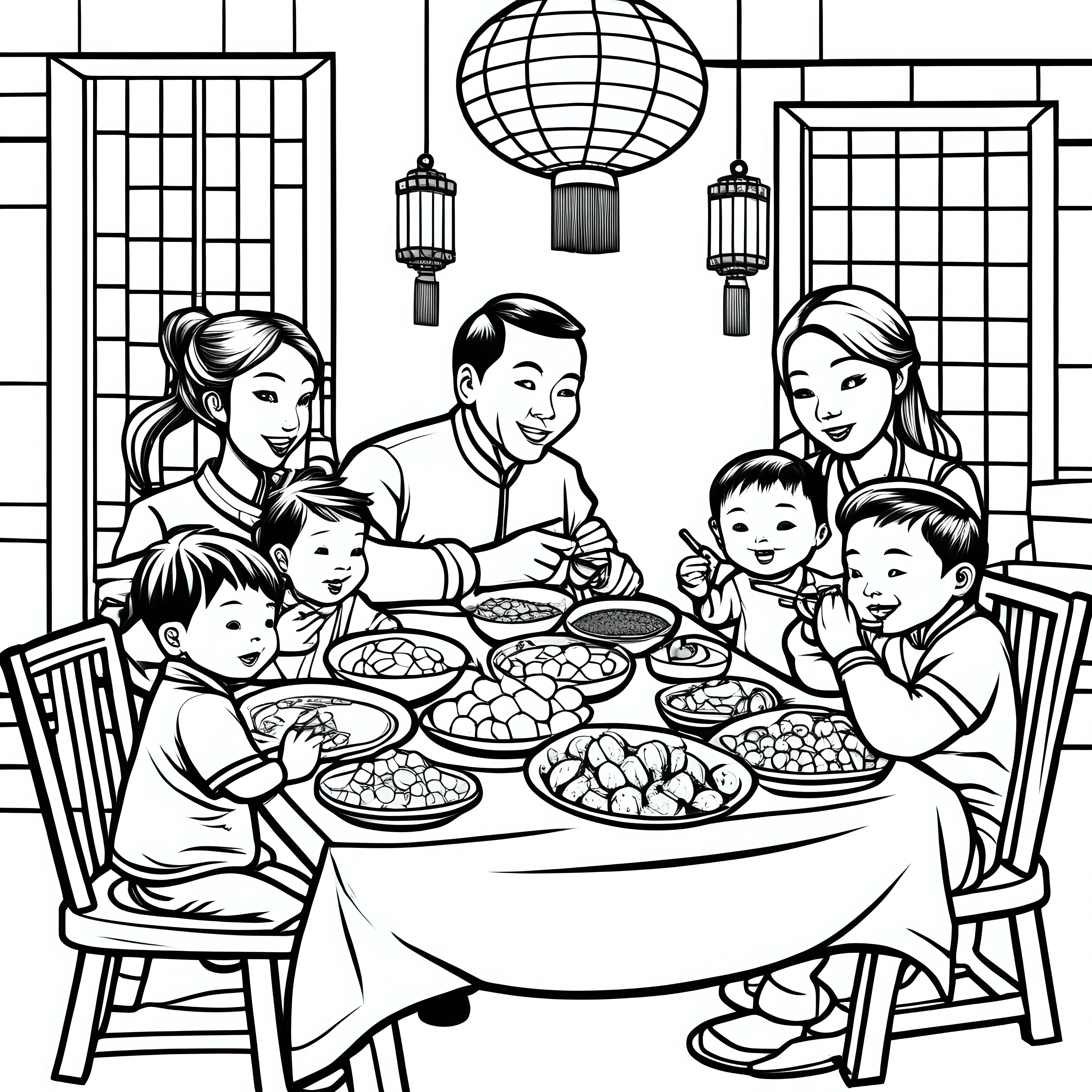 Chinese New Year Cartoon Coloring Page for Kids Family Dinner