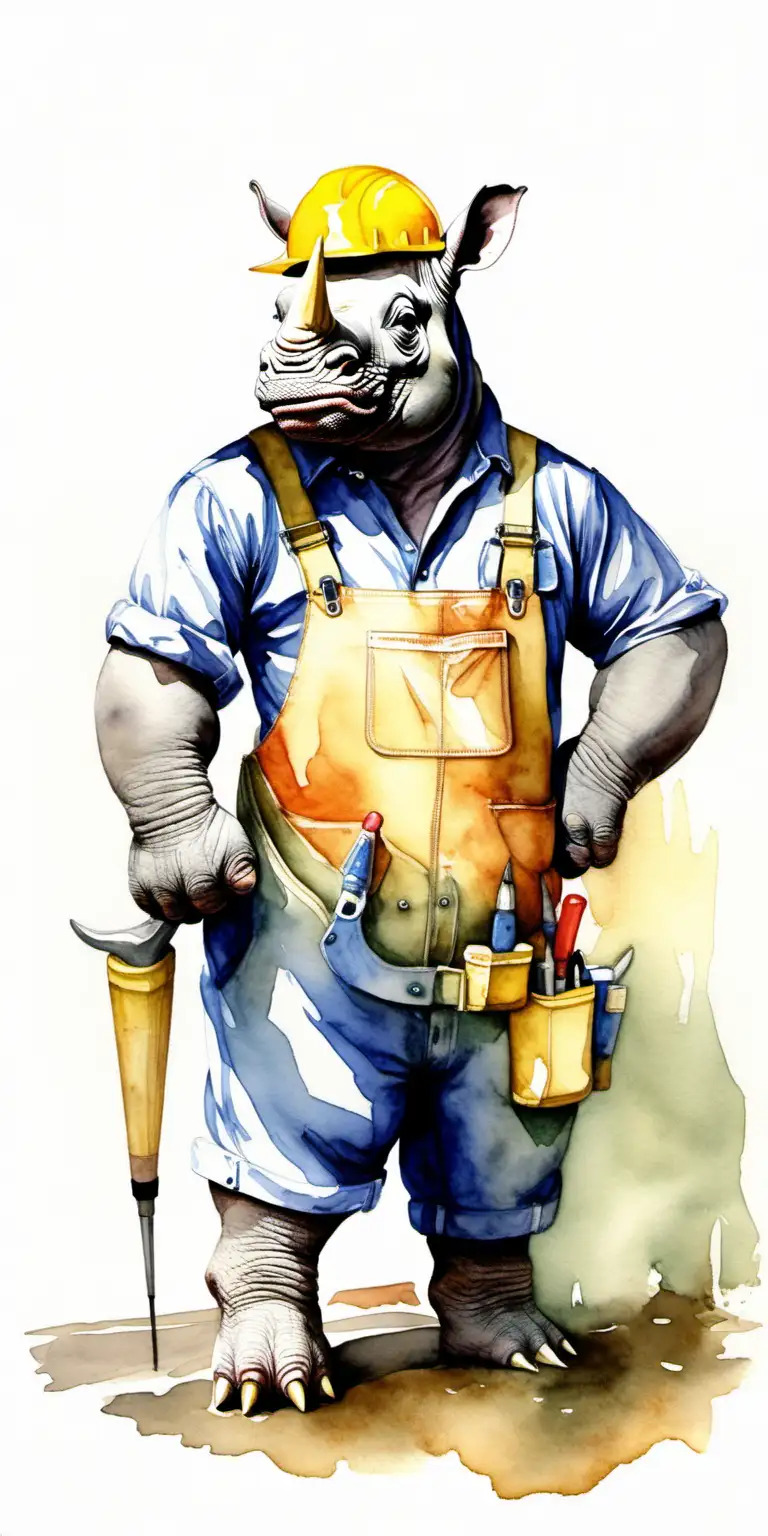 Friendly Rhino Dressed as a Builder Watercolor Illustration