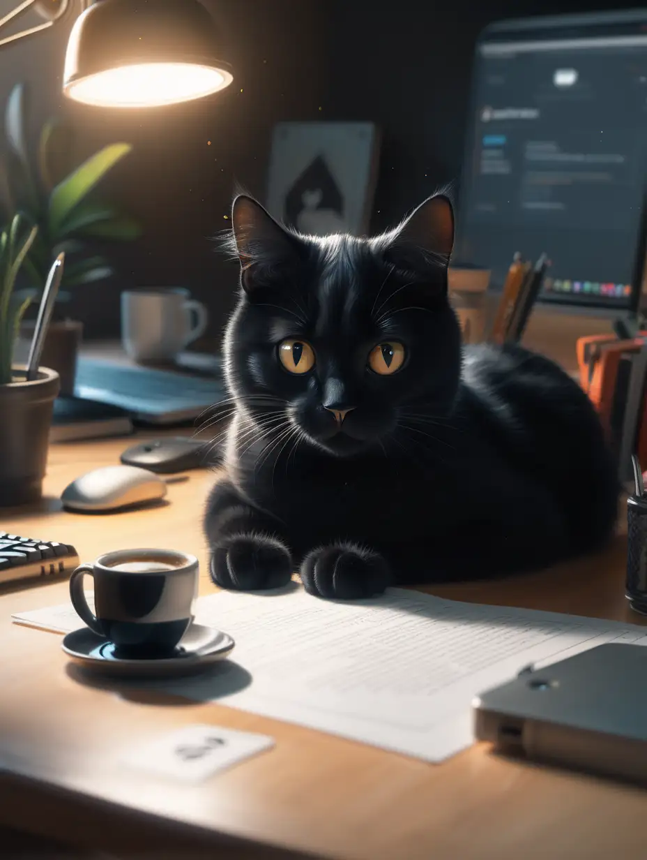 un gatto nero che sviluppa in javascript con una luce soffusa ed un atmosfera fantastica, e sulla sua scrivania c'è una tazza di caffè. 