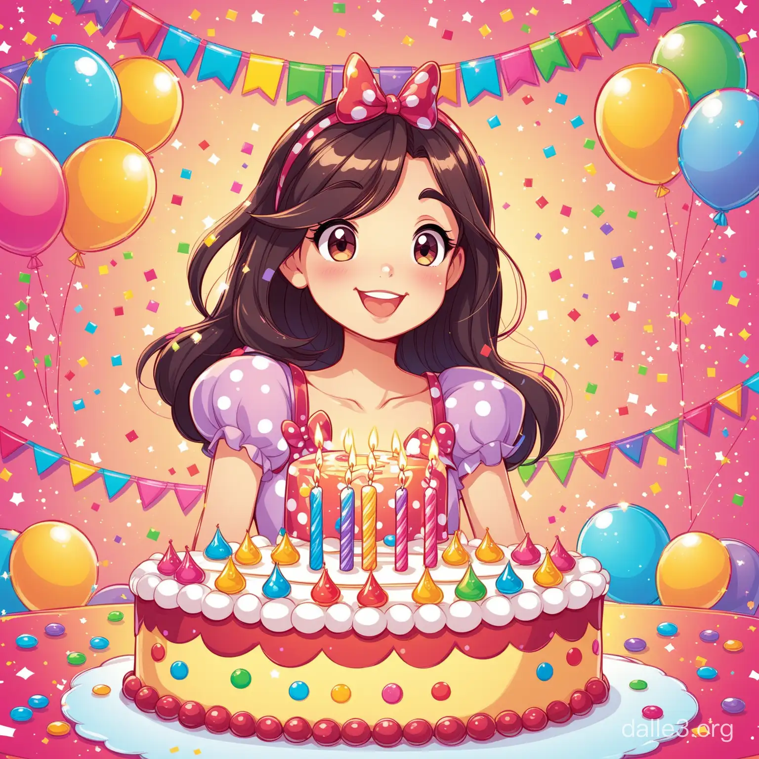 girl having birthday party. Disney cartoon style illustration