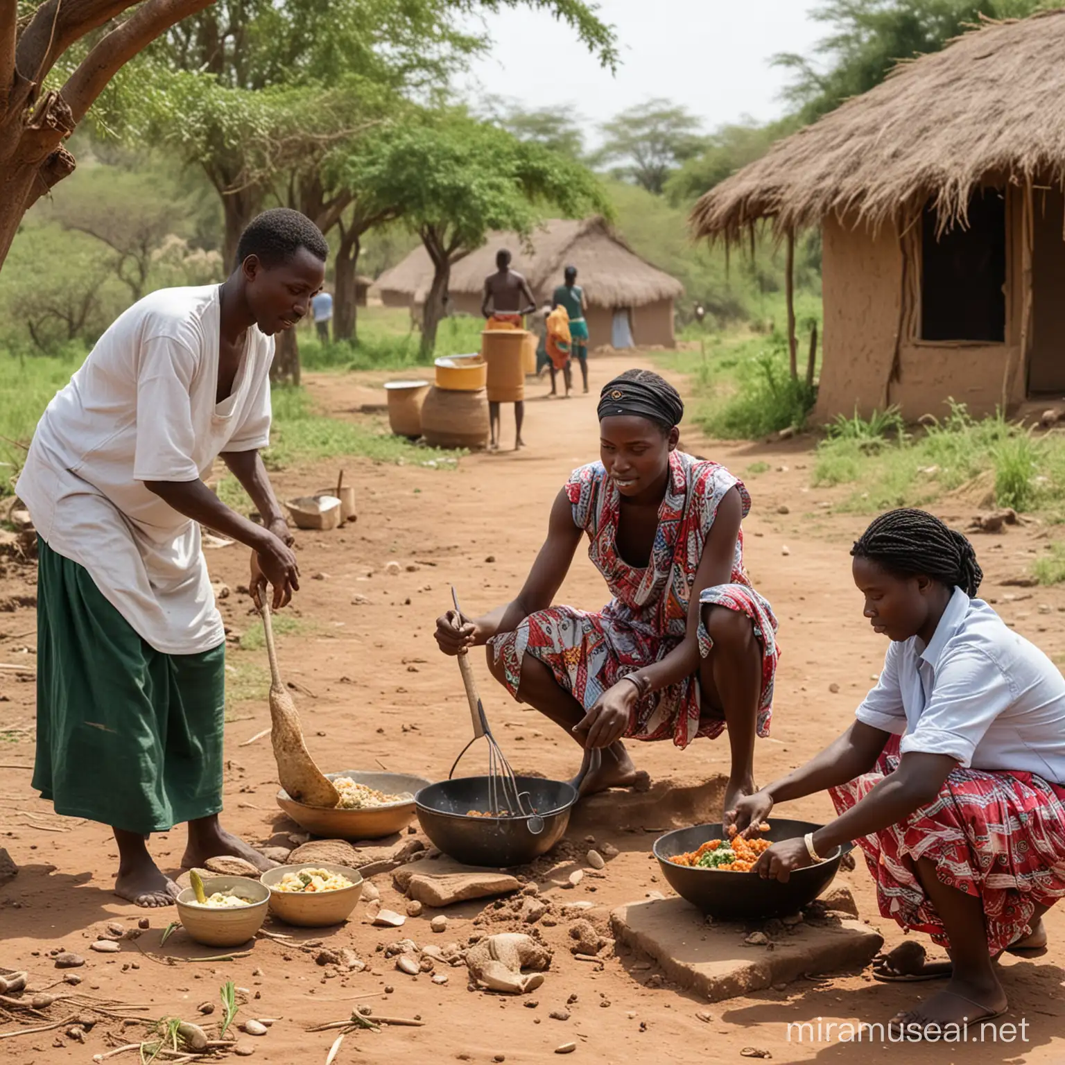 East Africans Cooking in Village Community Meal Preparation