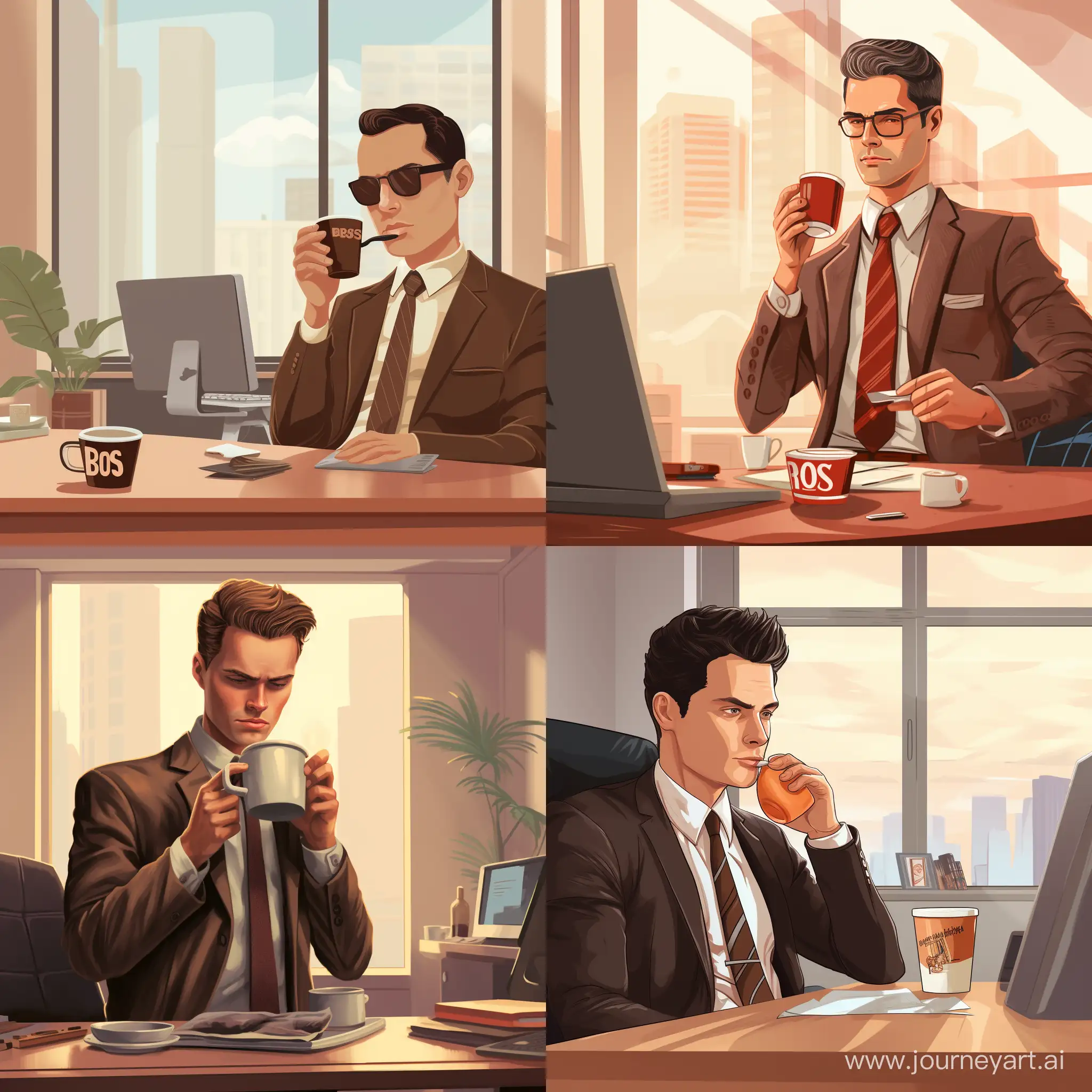 Мужчина в коричневом пиджаке с галстуком утром в офисе на работе пьет кофе из кружки на которой написано "BOSS'