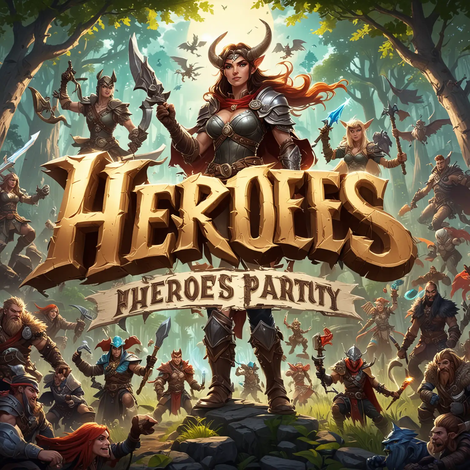 Heroes Party Stylized Fantasy World Video Game Logo Cover Art