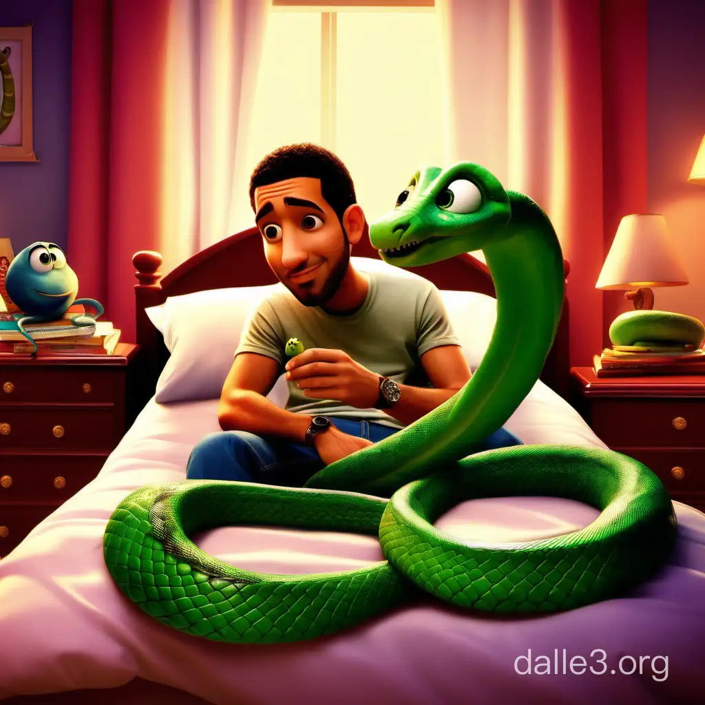 Disney Pixar Movies Aubrey Drake Graham laying in bed next to a snake, pixar style