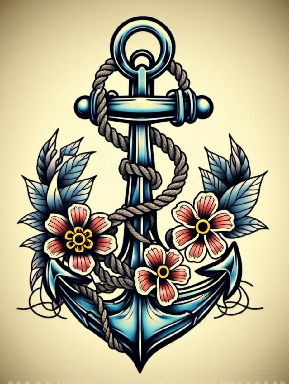  Tattoo oldschool Design, Sticker anchor with flower and rope 