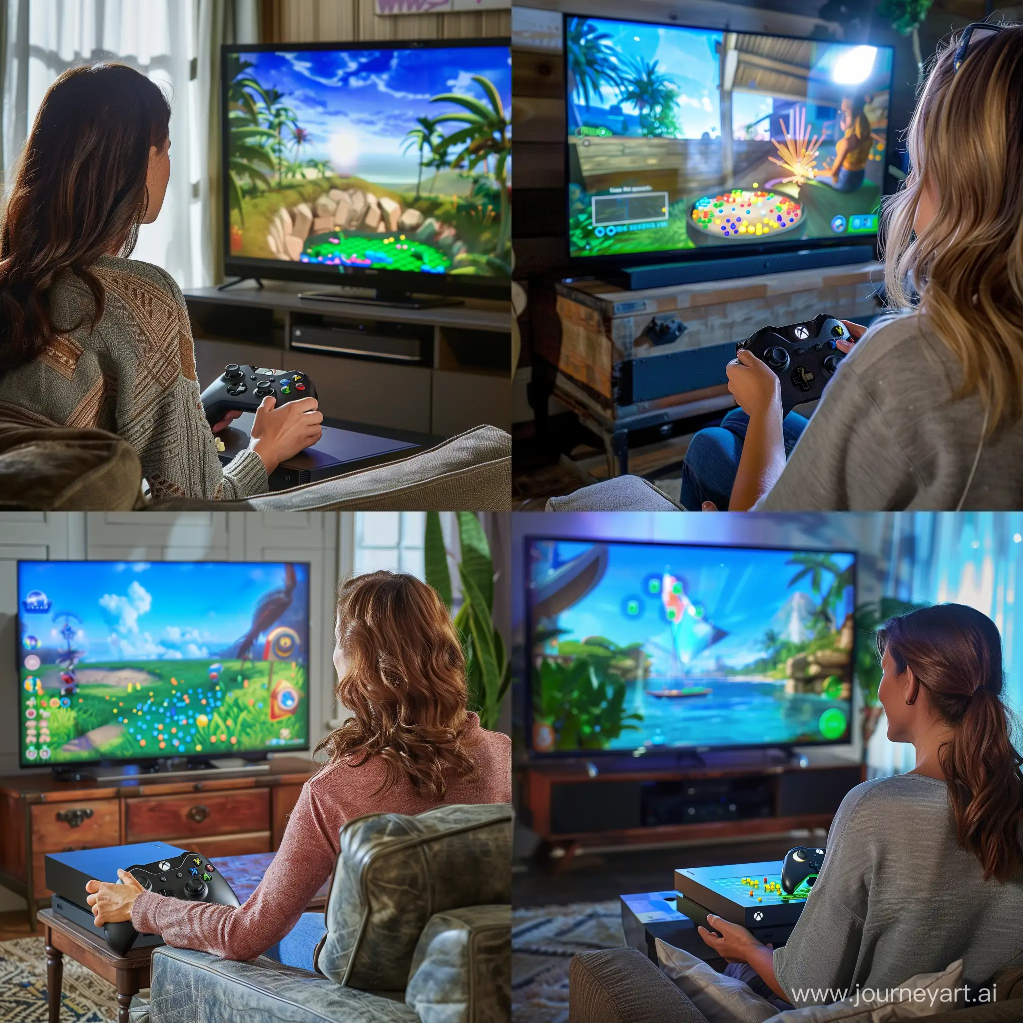 A woman playing peggle with the Xbox One watching the tv 