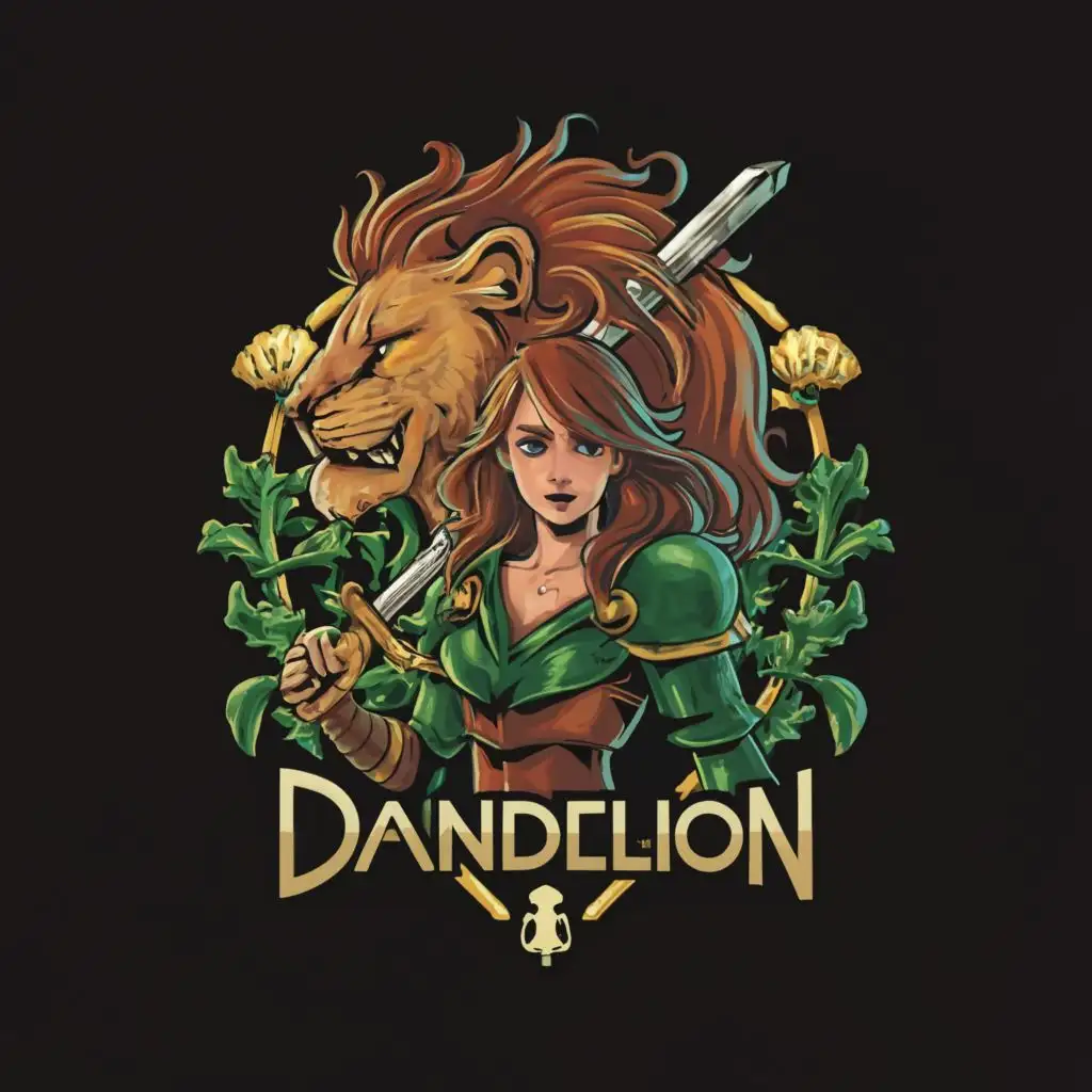 logo, a human girl. A mix of lion and wolf. She carries a green sword for defense., with the text "Dandelion", typography