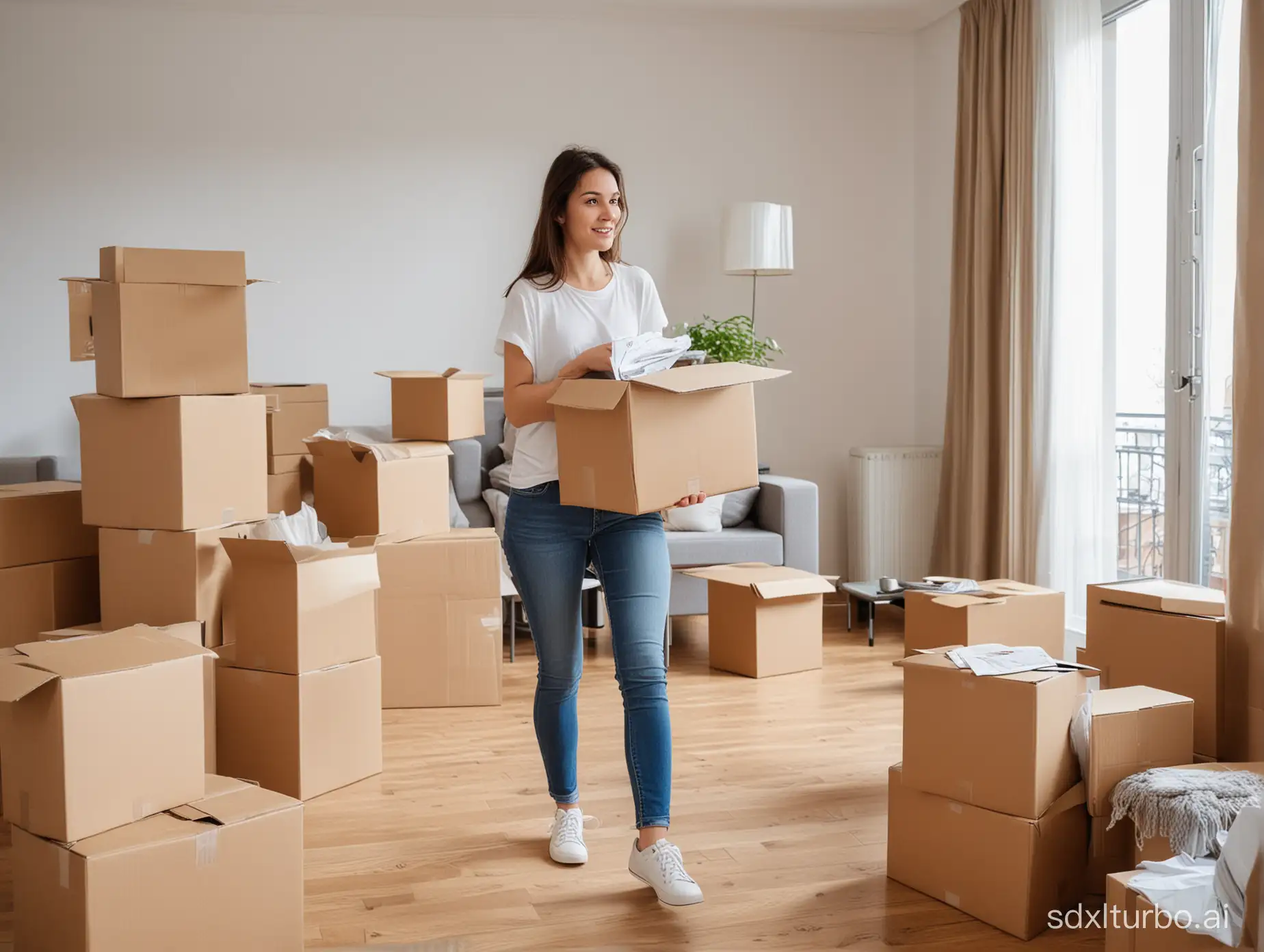 a young woman moving into her appartement, boxes around her, furniture not yet arranged