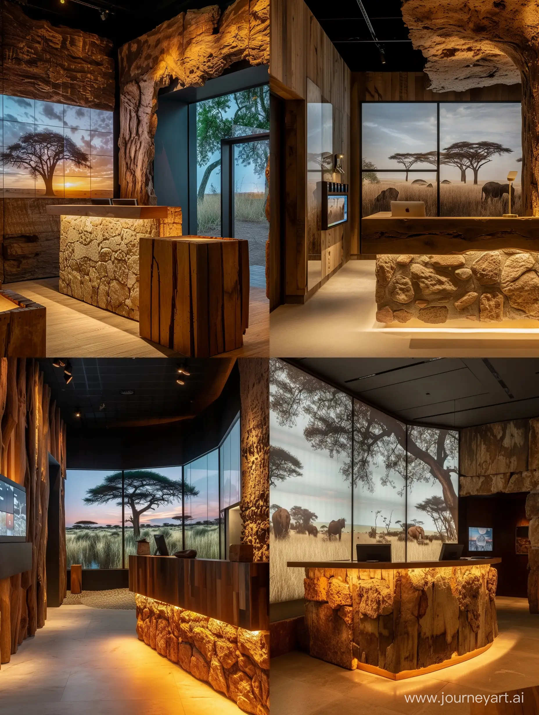 Imagine small minimal Entrance Area: "Step into the entrance of the 'Serenity of the Savannah' showroom, where the journey begins. Here, the reception desk, crafted from reclaimed wood and adorned with a stone facade, stands as a testament to sustainable luxury. The area is illuminated by soft, ambient lighting, highlighting digital screens that display the sweeping landscapes of the African savannah, inviting visitors to explore further." african style interior