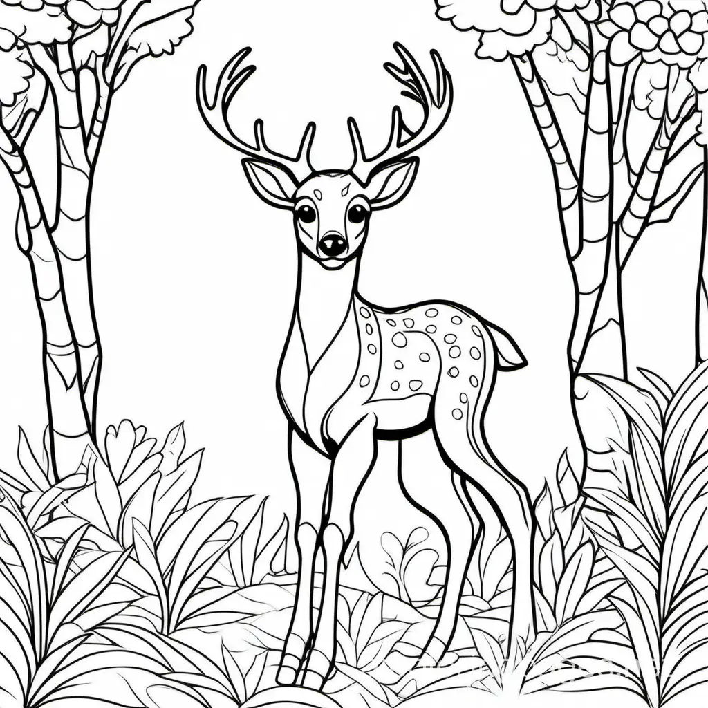 Deer, Coloring Page, black and white, line art, white background, Simplicity, Ample White Space. The background of the coloring page is plain white to make it easy for young children to color within the lines. The outlines of all the subjects are easy to distinguish, making it simple for kids to color without too much difficulty