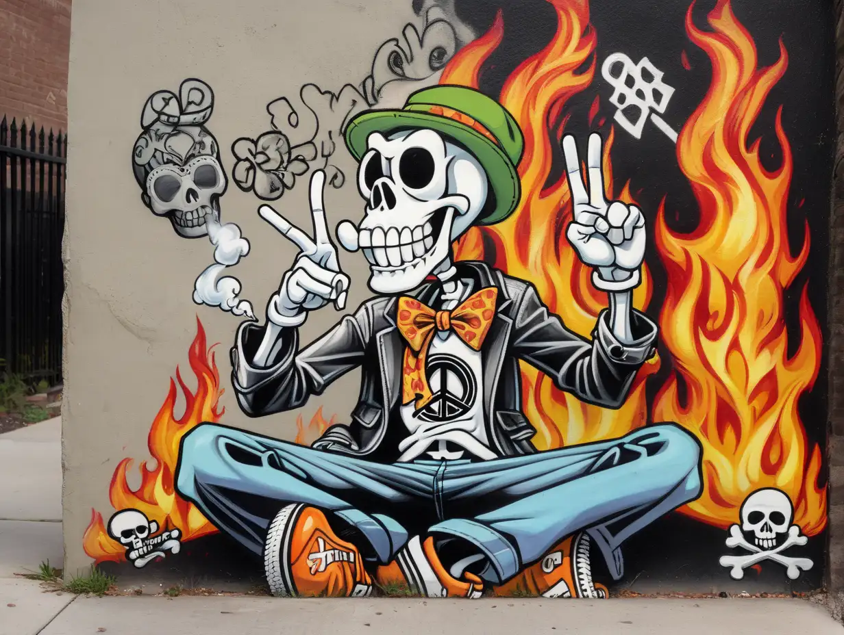 Urban Art Goofy Skulls Smoking with Peace Sign in Fiery Background