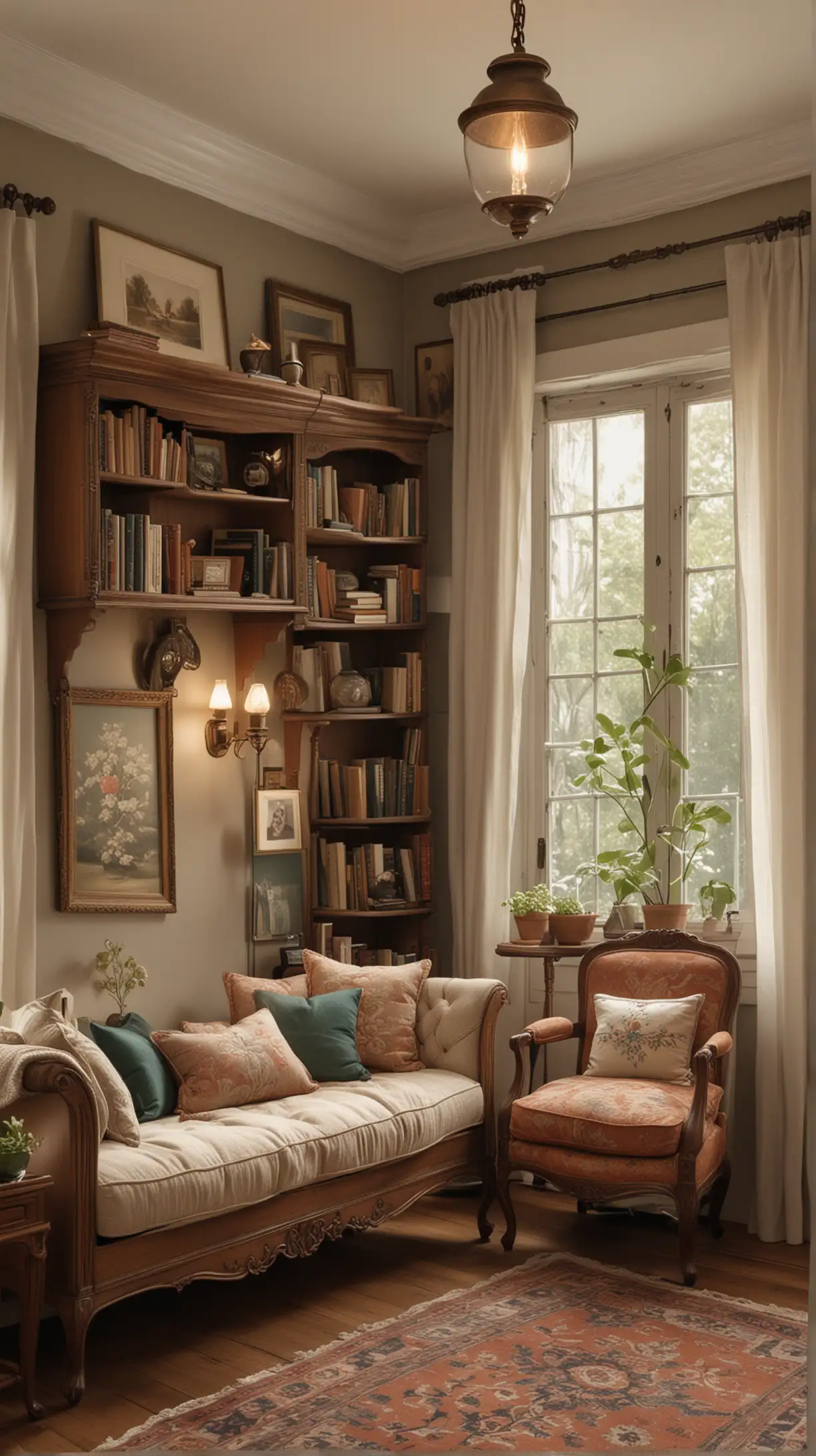 Create picture for Cozy Reading Nook Ideas and make sure it should be attractive and realistic. Make sure that every single object in the picture should be clear means full overview of the idea not a single object. Here's the idea to create the picture [Vintage Vibe

I love the elegance of old-world charm, so I've decorated my nook with antique furniture. It adds a sense of timelessness and comfort that enhances my reading experience.]