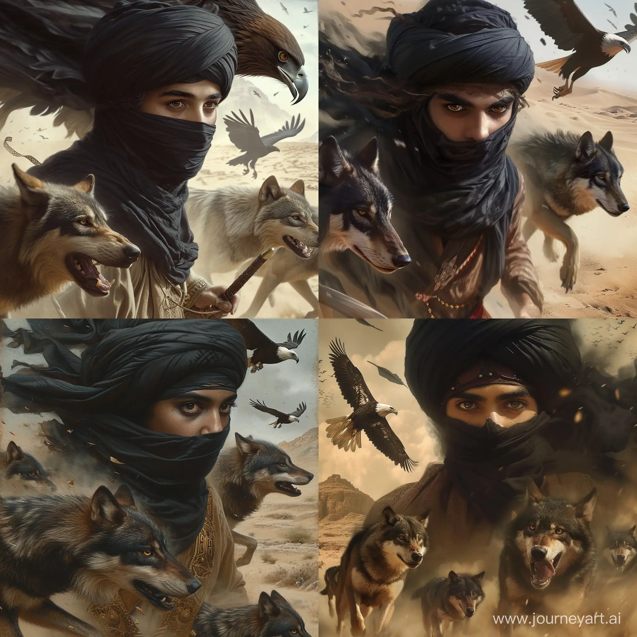 Young-Yemeni-Man-in-Traditional-Islamic-Attire-Heading-to-Mecca-with-Wolves-and-Eagle