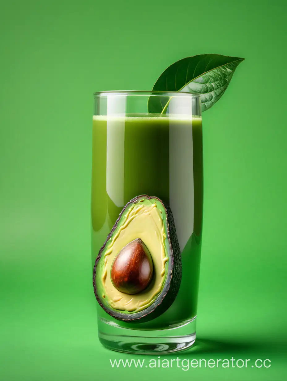 big Avocado with leaves juice glass on green background